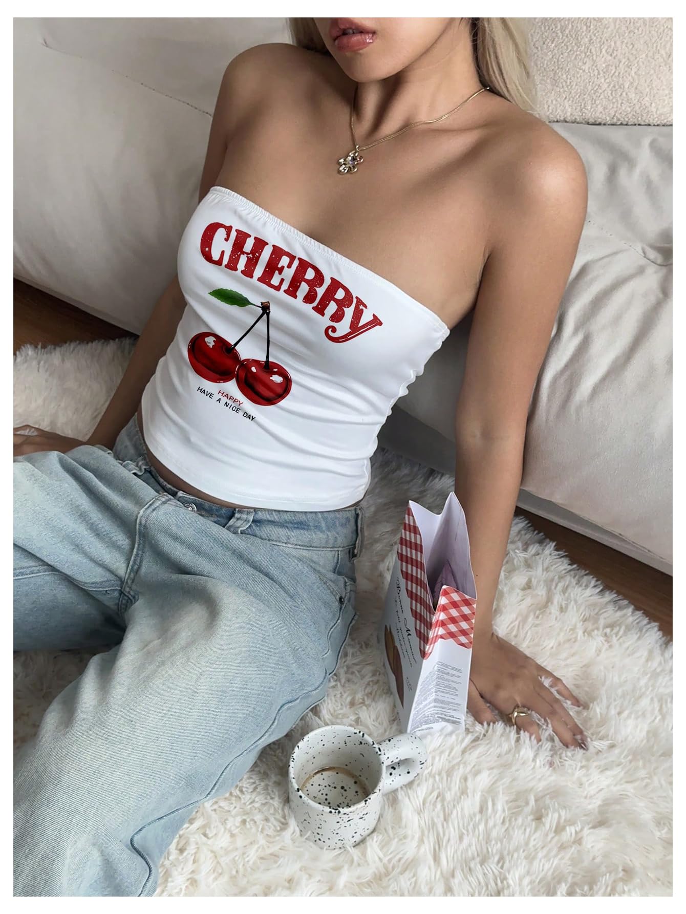 Women's Strapless Y2k Graphic Tube Crop Top Sleeveless Summer Bandeau Tops