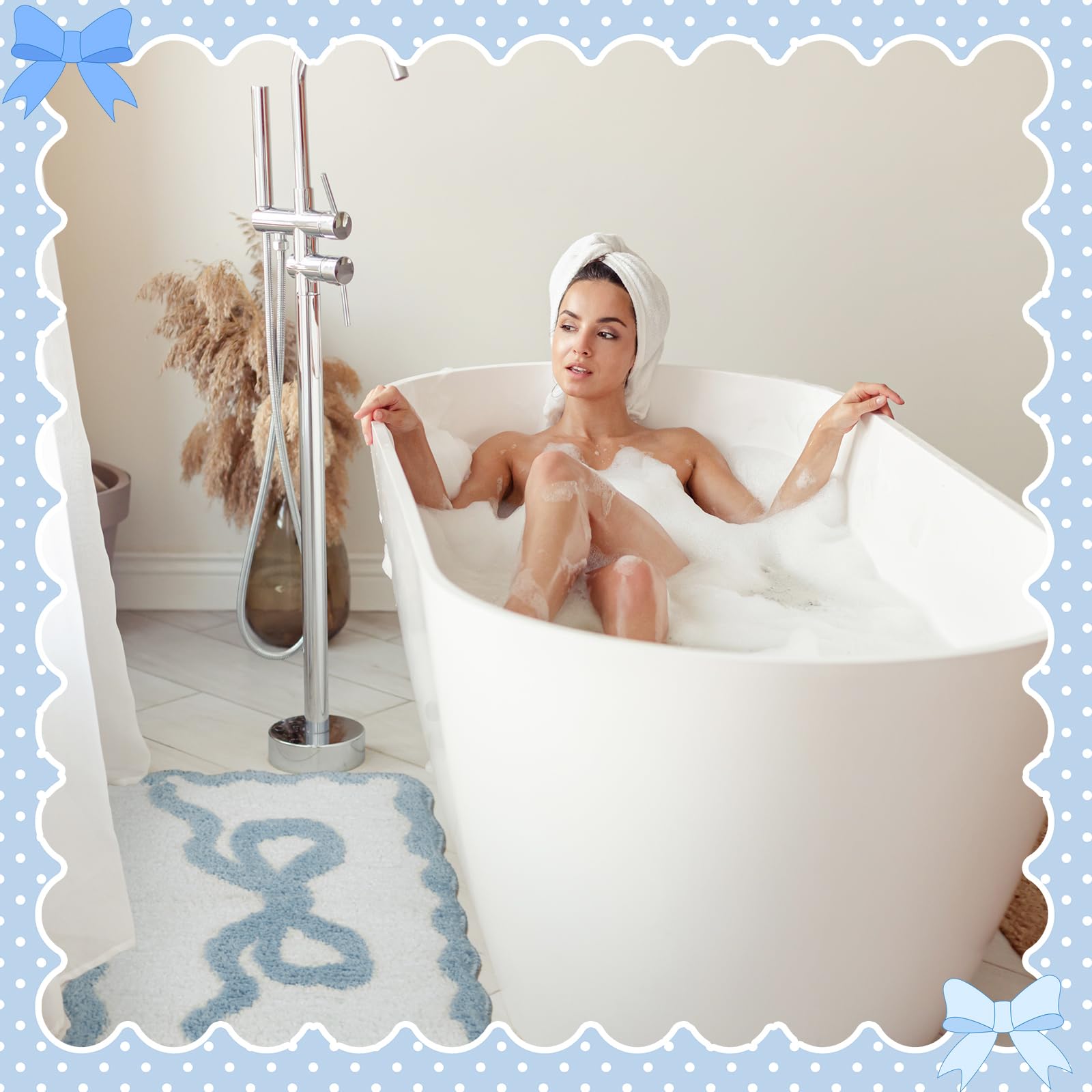 Scalloped Bow Bathroom Mat Non Slip Coquette Bow Rug Cute Aesthetic Scallop Carpet Preppy Room Decor Microfiber Absorbent Bath Rug for Bathroom Bathtub Shower Bedroom(Black,16" X 24")