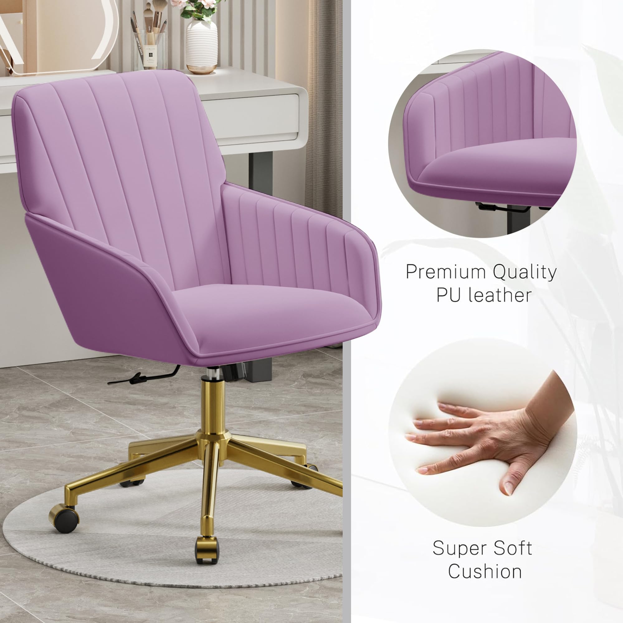 Velvet Modern Cute Chair with Back, Height Adjustable Upholstered Vanity Chair with Swivel Wheels
