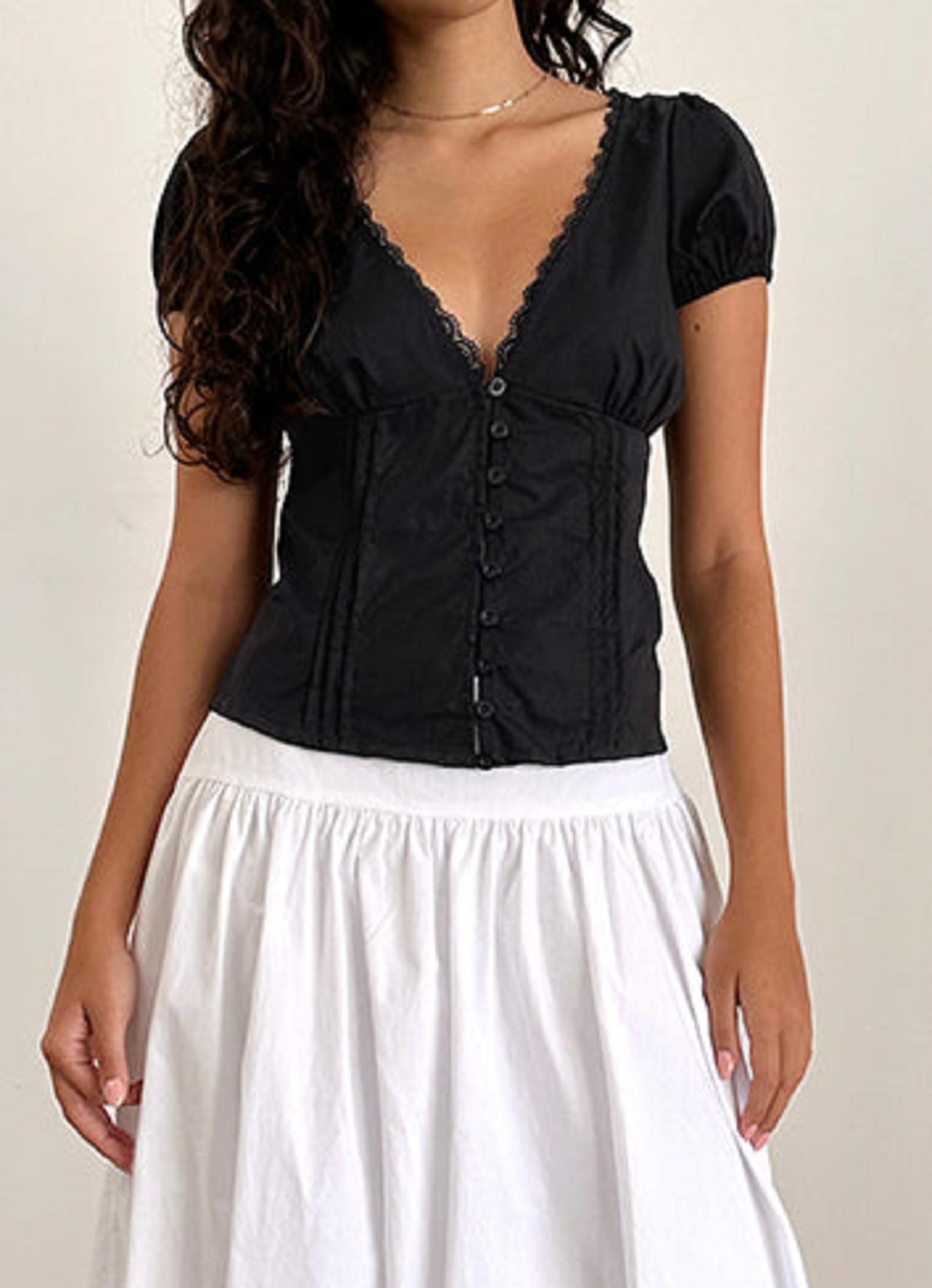 Y2K Short Sleeve Babydoll Tops for Women Cute Aesthetic U Neck Teen Girls Tshirt Ruffle Hem Patchwork Peplum Shirts