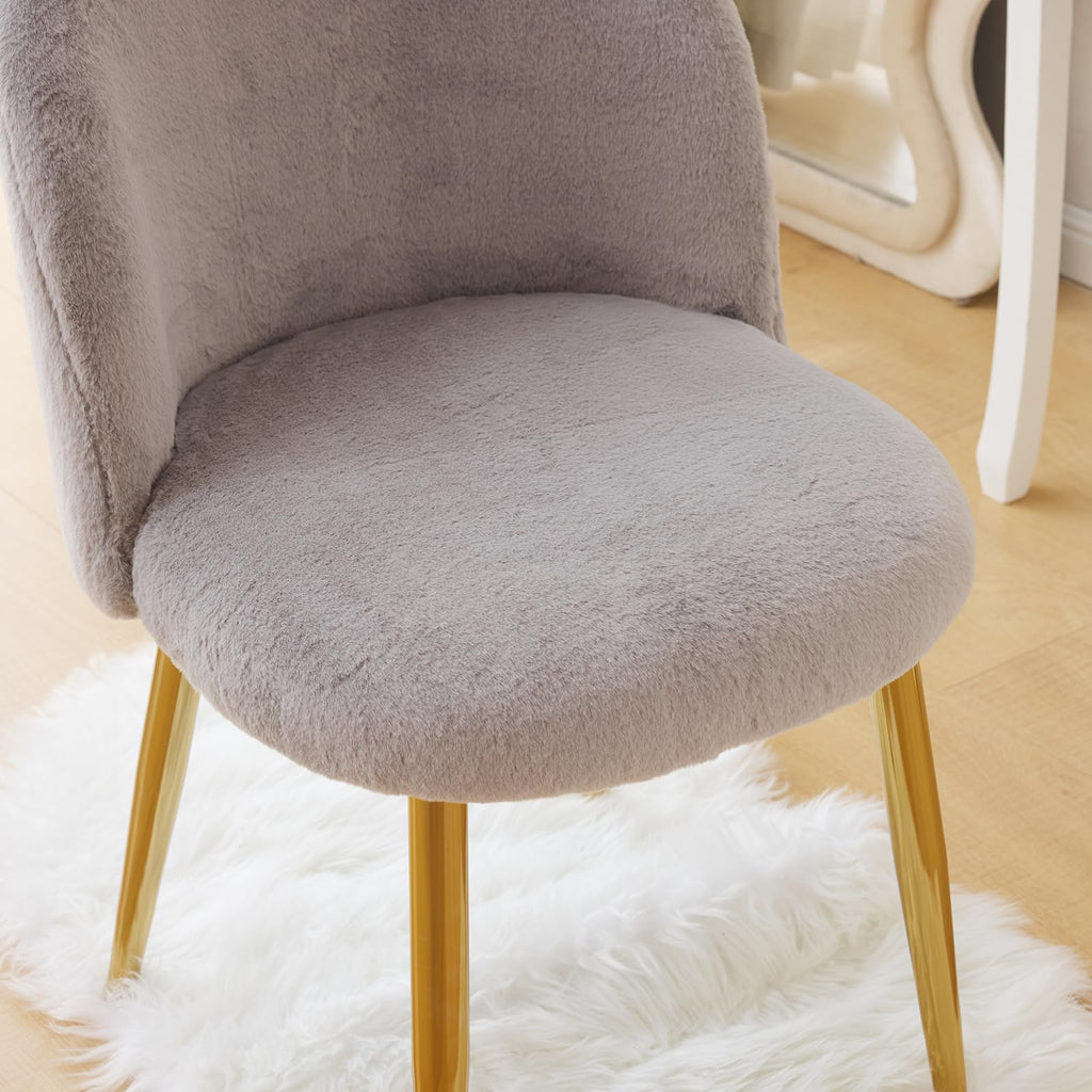 Cute, non-wheeled desk chair with backrest, fluffy cushion, cozy makeup chair with adjustable golden legs