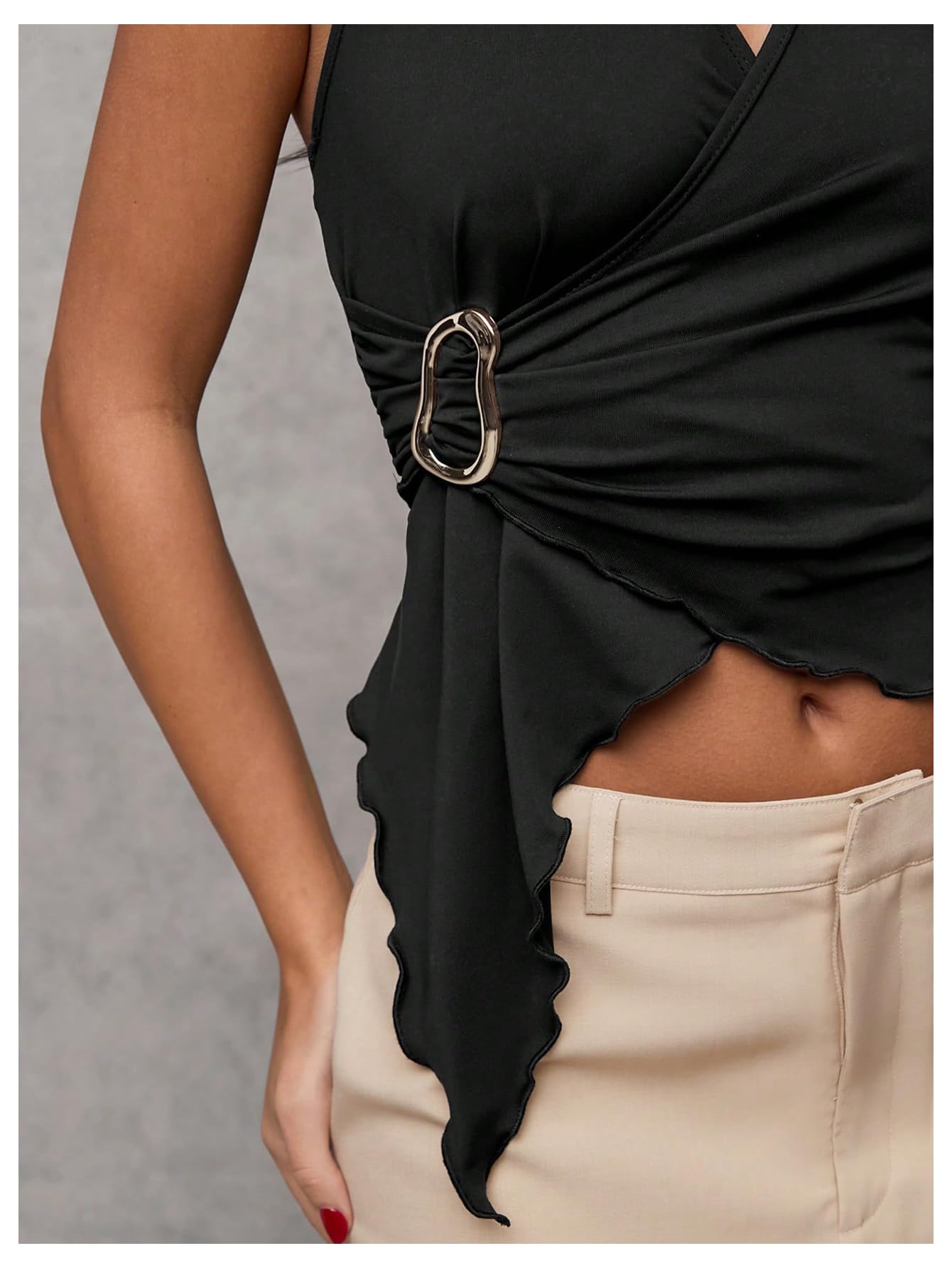 Women's Wrap V Neck Buckle Halter Top Ruched Asymmetrical Sleeveless Tops