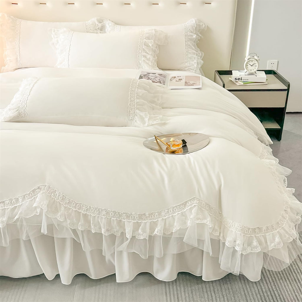 Chic Ruffle Lace Polyester Duvet Cover Set -Bedding-2 Piece Duvet Cover with Zipper Closure -Ultra Soft and Light Weight