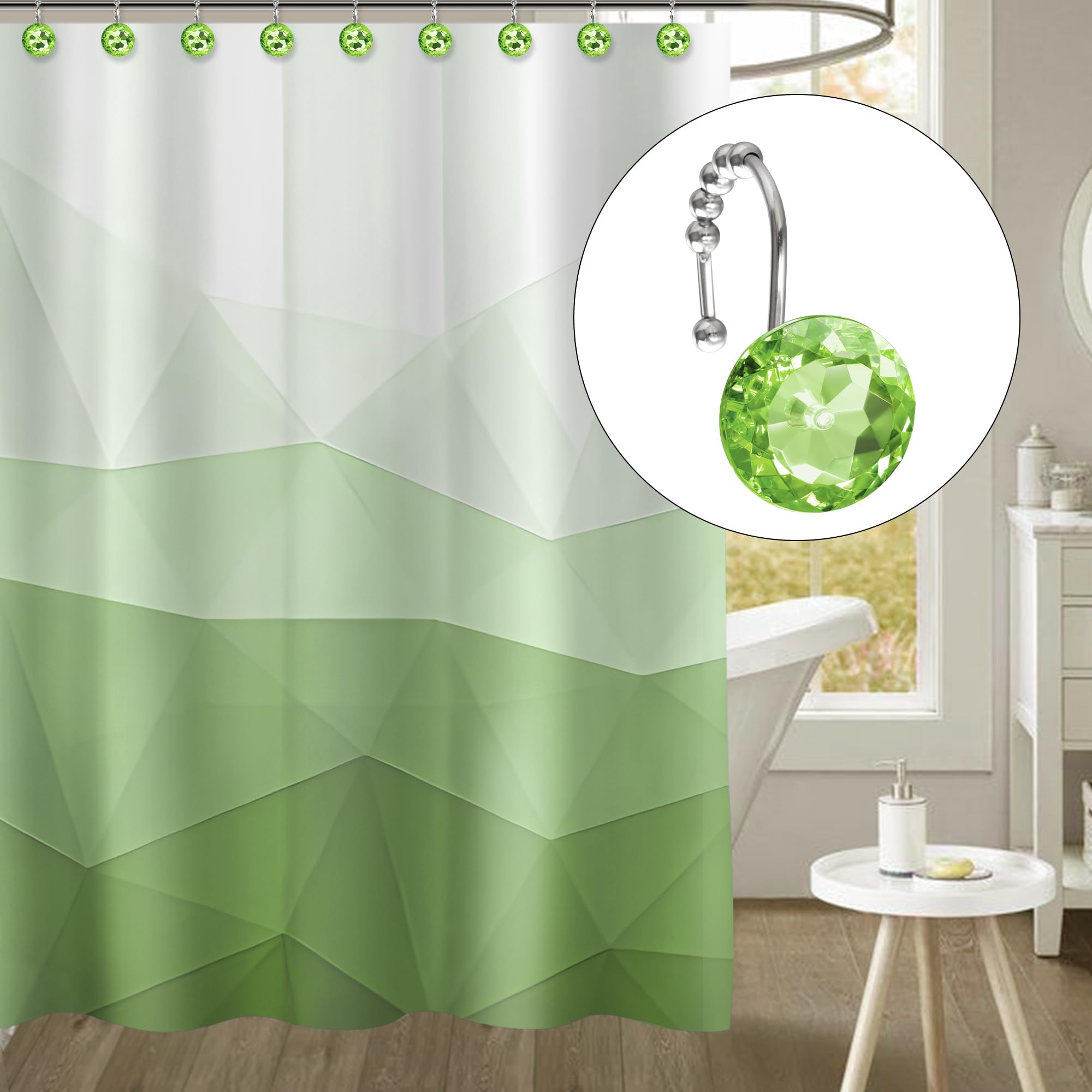 Luxury Design Round Diamond Crystal Gem Bling with Glide Balls Shower Curtain Hooks, Rust Proof Metal Rhinestones Glam Shower Curtain Rings-12 Pack