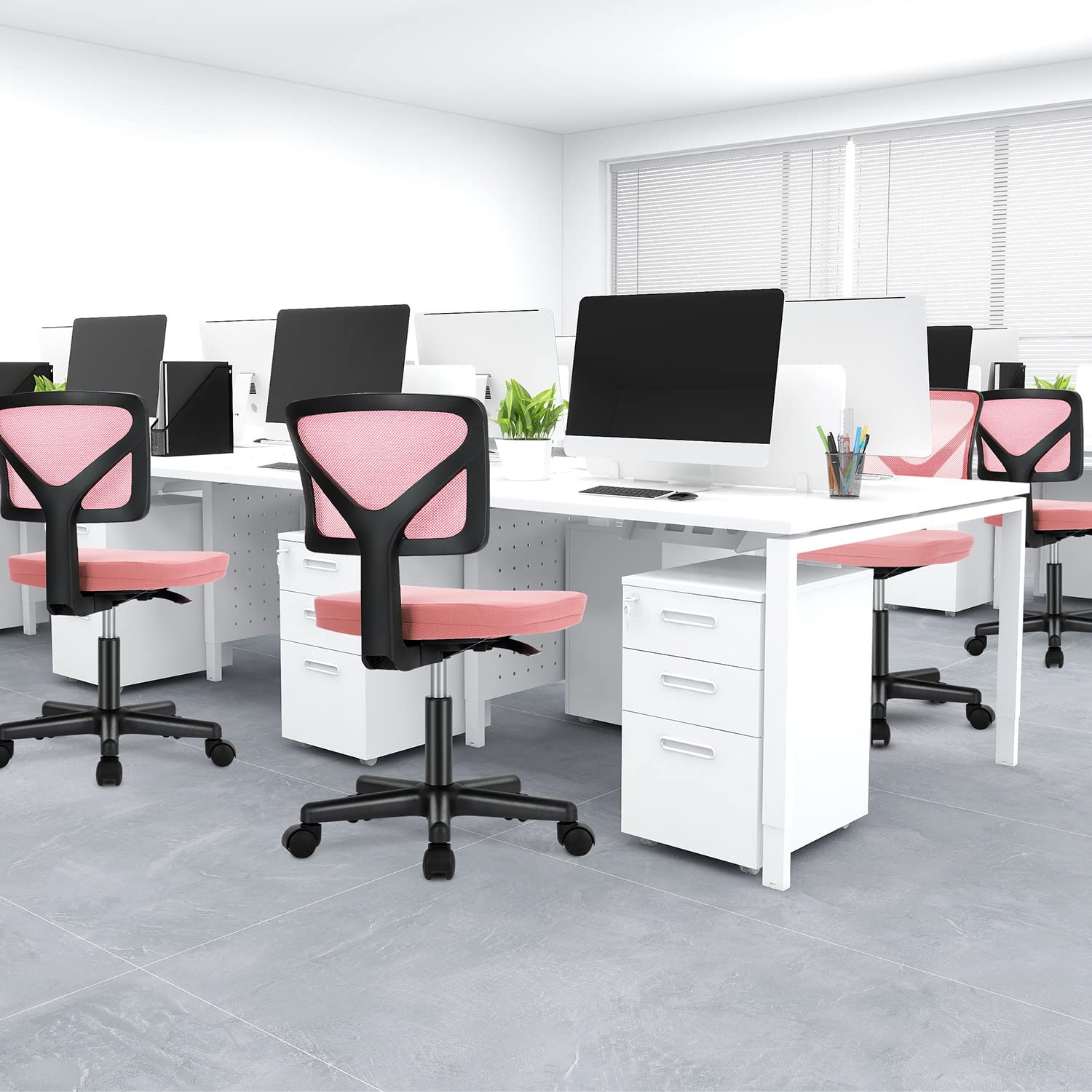 Vanity Swivel Armless Desk Chairs with Wheels, Ergonomic Adjustable Home Office Rolling Task Chair, Comfy Mesh Mid Back