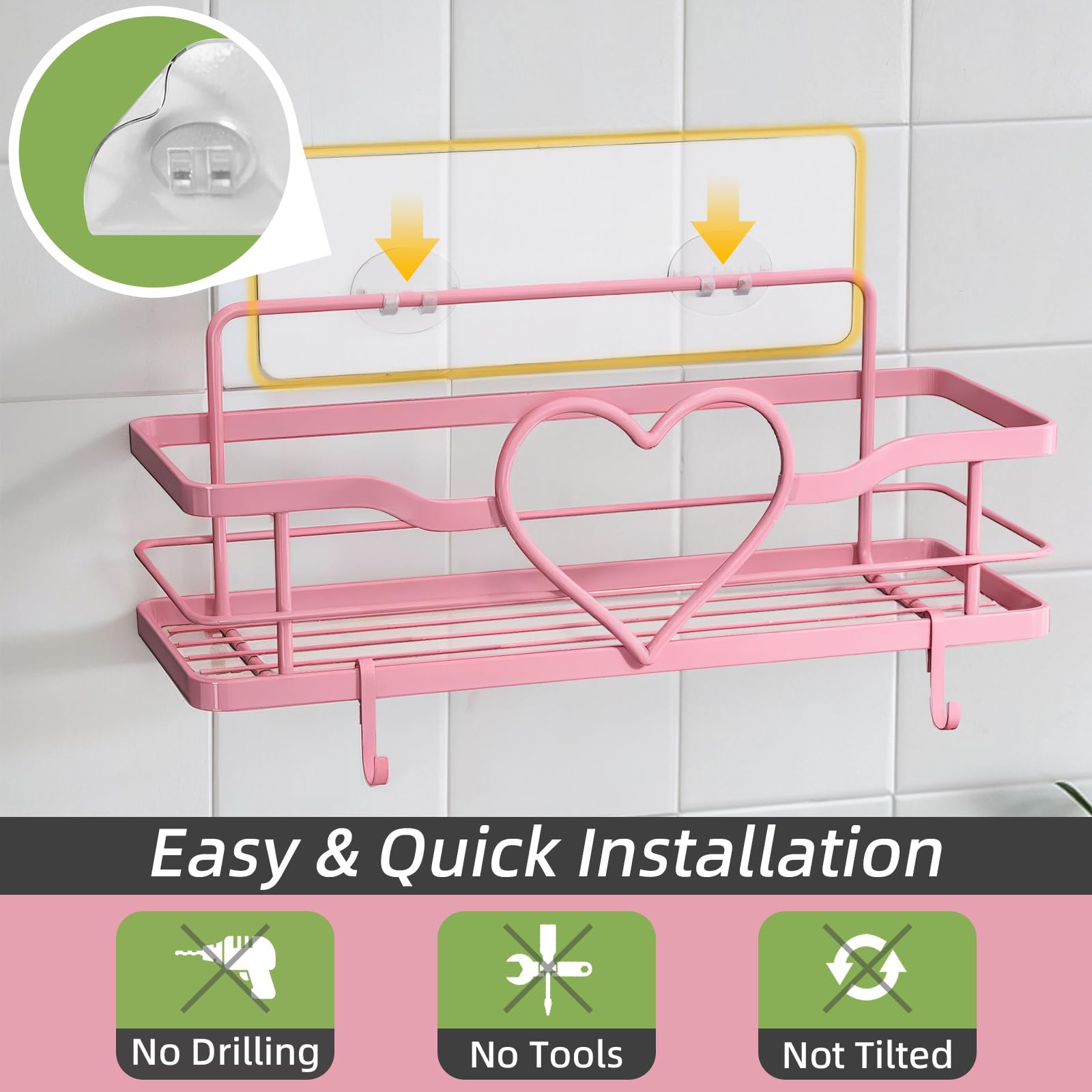 Heart Shower Caddy with 4 Removable Hooks, 2 Pack Sweet Heart Shower Shelves, No Drilling Adhesive Organizer Shelf