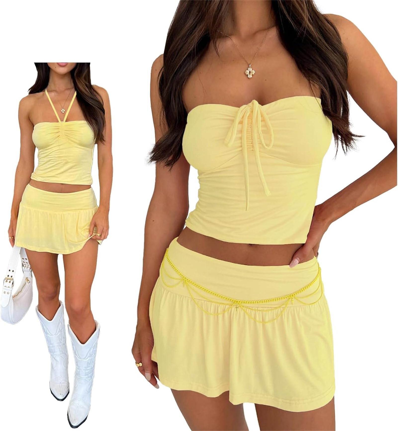 Women Sexy Summer 2 Piece Sets Drawstring Ruched Crop Tube Top Low Rise Ruffle Mini Skirts Sets Y2k Outfits