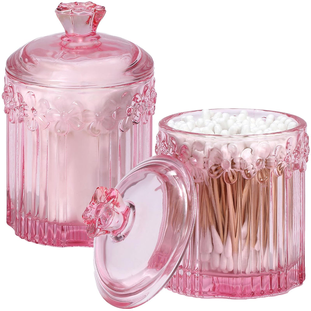 Qtip Holder Glass Apothecary Jars with Lids Set Bathroom Canisters Dispenser Organizers and Storage for Cotton Swabs, Balls, Pads, Floss Picks, Candy 2 Pack