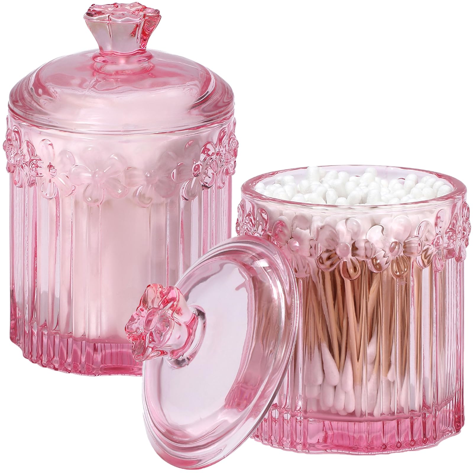 Qtip Holder Glass Apothecary Jars with Lids Set Bathroom Canisters Dispenser Organizers and Storage for Cotton Swabs, Balls, Pads, Floss Picks, Candy 2 Pack