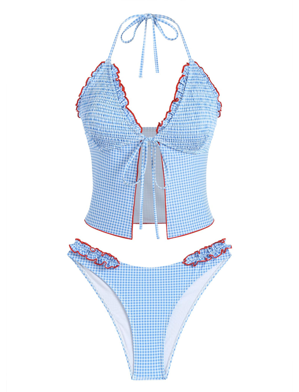 Tankini Swimsuits for Women Smocked Ruffles Tie Front Bowknot Textured High Cut Tanga Tankini Set