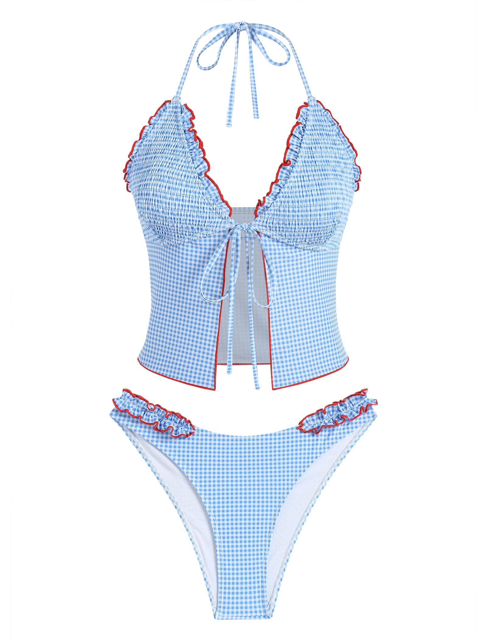 Tankini Swimsuits for Women Smocked Ruffles Tie Front Bowknot Textured High Cut Tanga Tankini Set