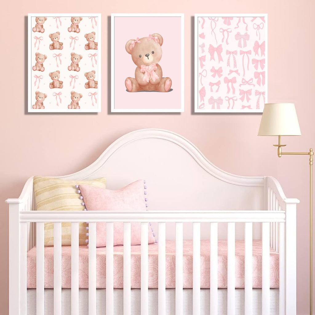 Pink Teddy Bear Wall Art Coquette Bow Wall Decor Pictures Cute Animal Nursery Canvas Posters Prints 3Pcs
