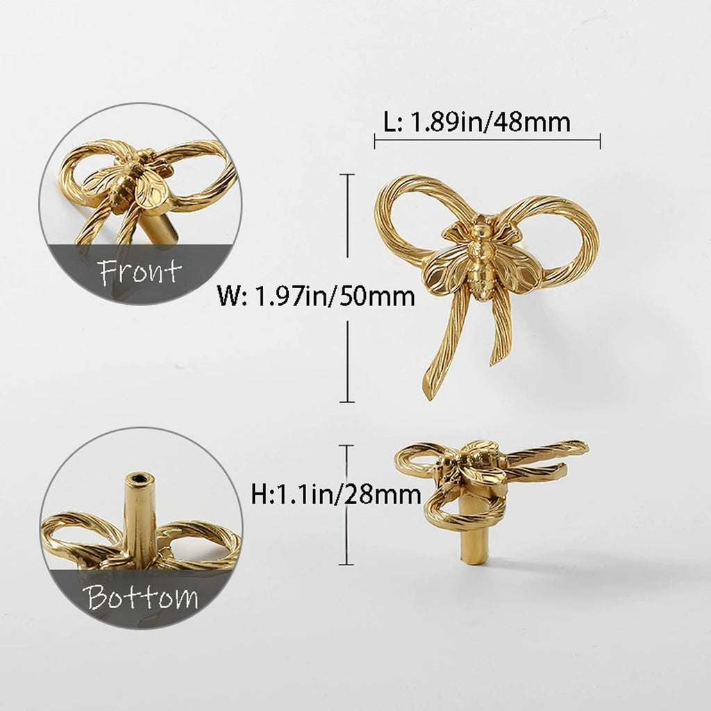 Gold Brass Small Bow Knobs Cute Dresser Drawer Handles Kitchen Cabinet Pulls Art Deco Single Hole Decorative Knobs Modern Furniture Hardware for Closet Cupboard