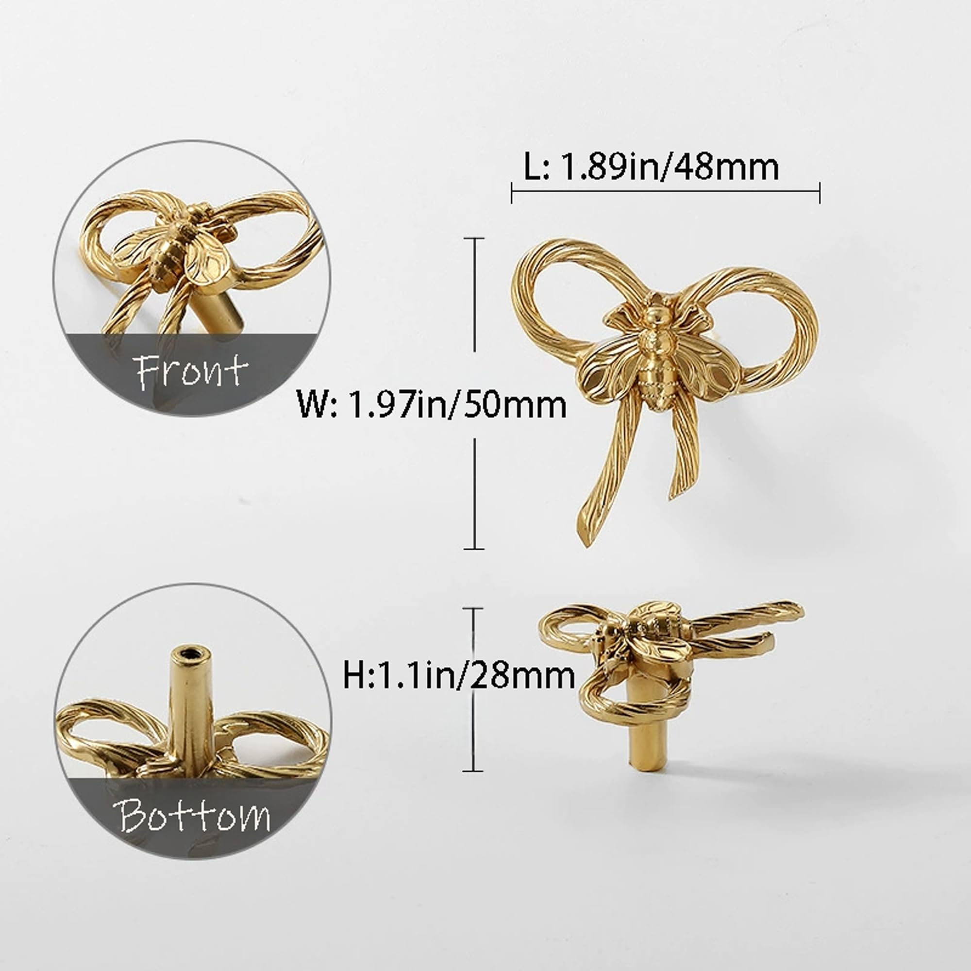 Gold Brass Small Bow Knobs Cute Dresser Drawer Handles Kitchen Cabinet Pulls Art Deco Single Hole Decorative Knobs Modern Furniture Hardware for Closet Cupboard