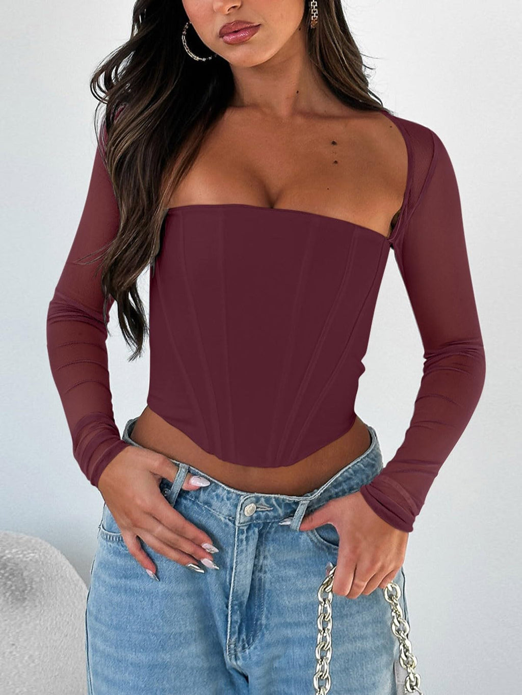 Women's Sexy Sheer Long-Sleeve Corset â€?Y2K Square Neck, Cropped Party Top