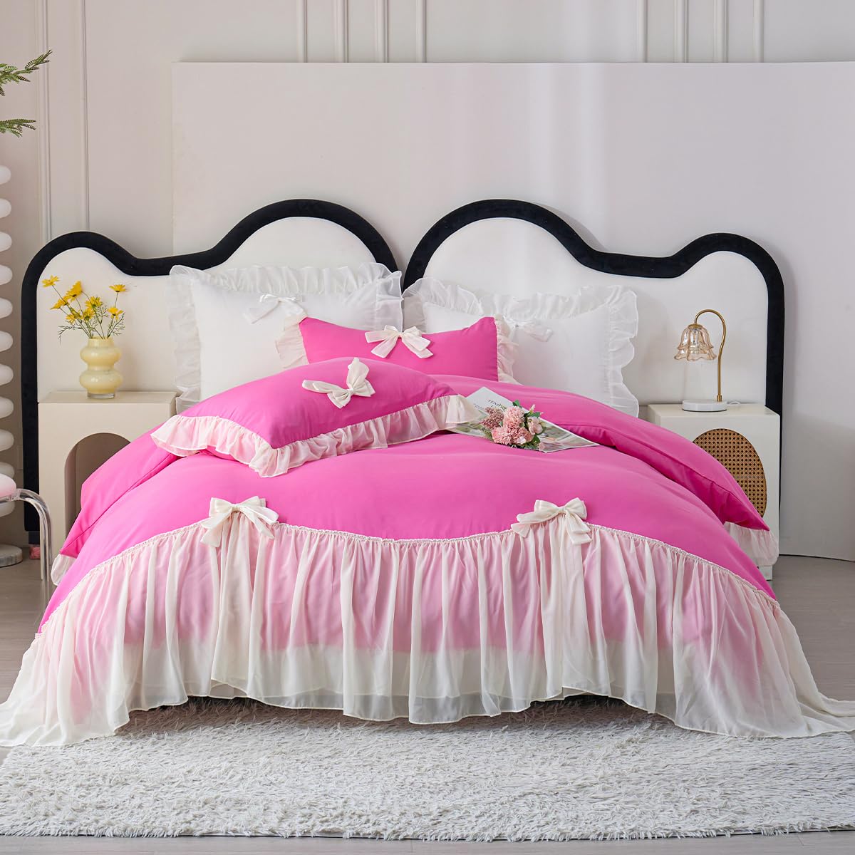 Ruffle Duvet Cover Bedding Set with Bowtie, 2 Pieces Comforter Cover Set with Zipper Closure with Pillowcase