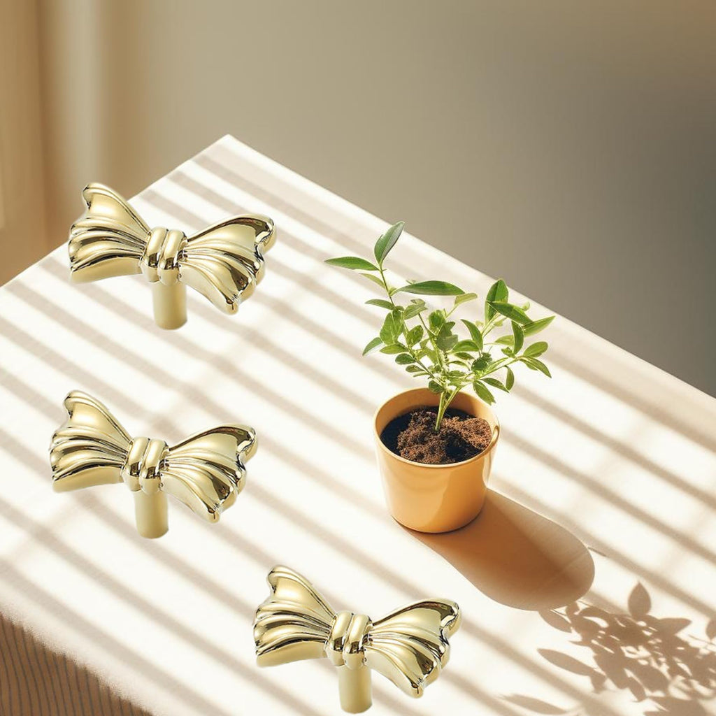 Gold Brass Small Bow Knobs Cute Dresser Drawer Handles Kitchen Cabinet Pulls Art Deco Single Hole Decorative Knobs Modern Furniture Hardware for Closet Cupboard