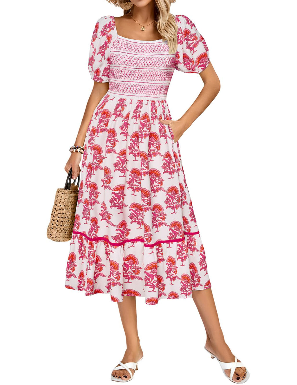 Kate Kasin Women's Summer Floral Boho Dresses Casual Square Neck Smocked Flowy Tiered Beach Midi Dress with Pockets