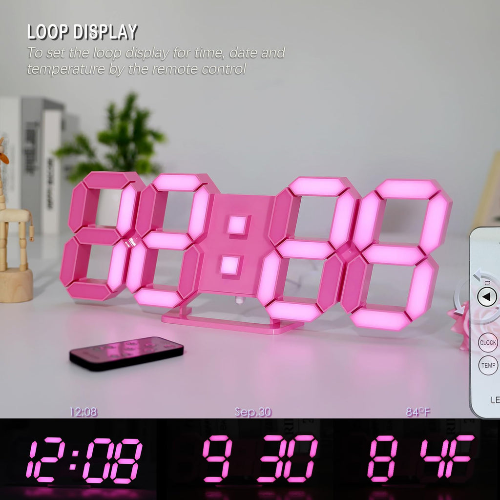 LED 3D Wall Clock 9.7" Clock with Remote/Dimming/12/24H/Temp/Alarm Clock/Date