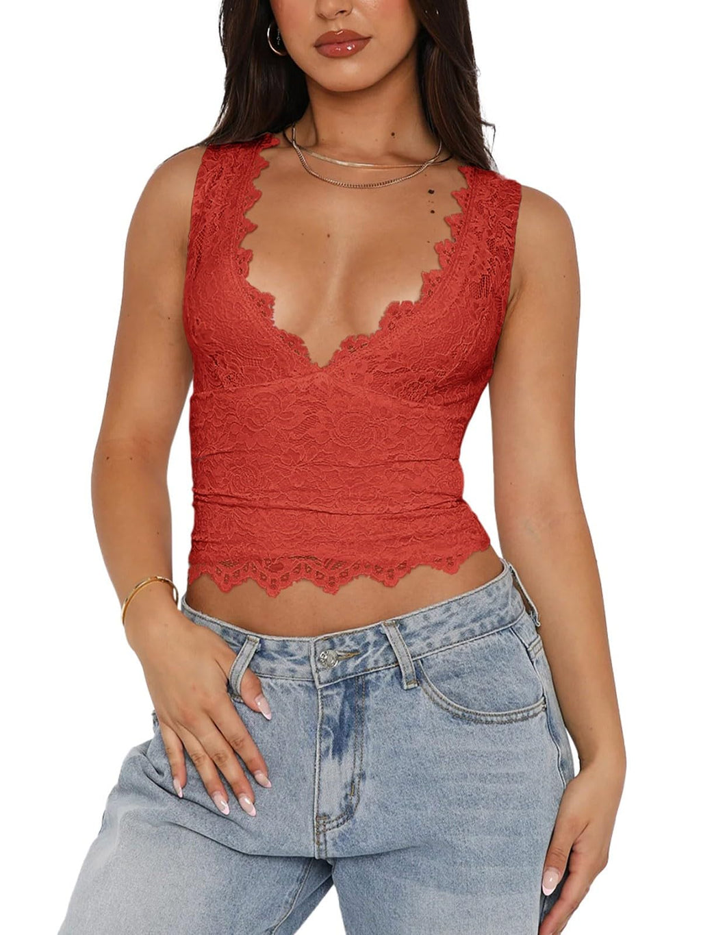 Women's Sexy V-Neck Sleeveless Lace Cropped Tank Top â€?Y2K Trendy Double-Lined