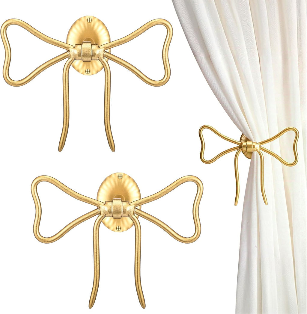 Curtain 2 Pcs Bow Holdbacks Gold Metal Curtain Tiebacks Wall Mounted Bow Wall Hooks Pull Back Hooks Decoration