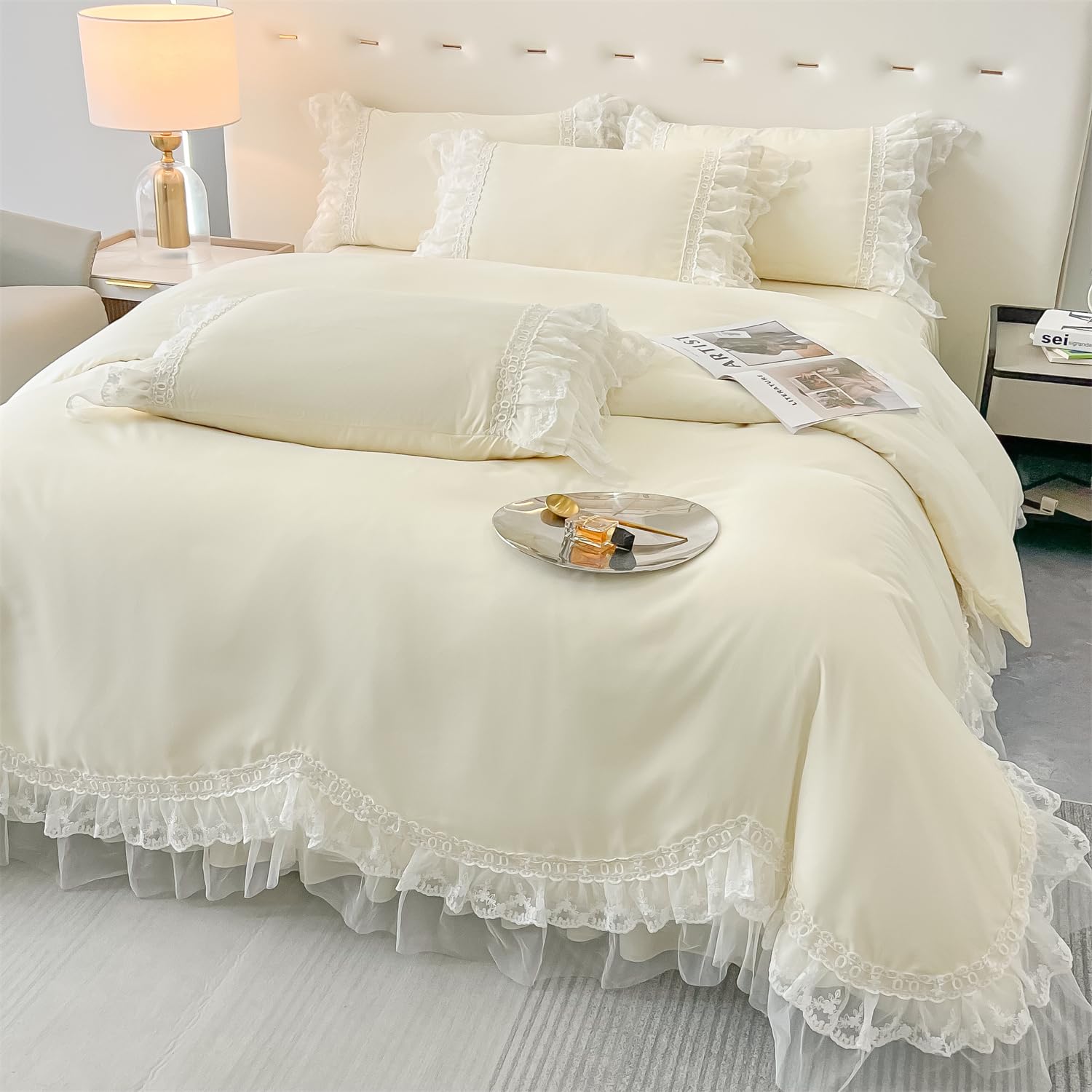 Chic Ruffle Lace Polyester Duvet Cover Set -Bedding-2 Piece Duvet Cover with Zipper Closure -Ultra Soft and Light Weight