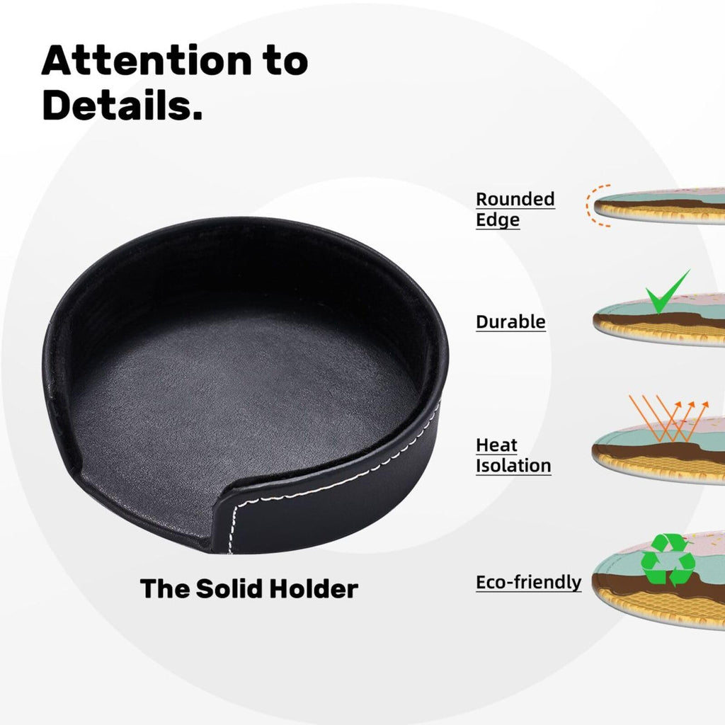 Coasters for Drinks Round Leather Coaster with Holder Set of 6 for Tabletop Protection