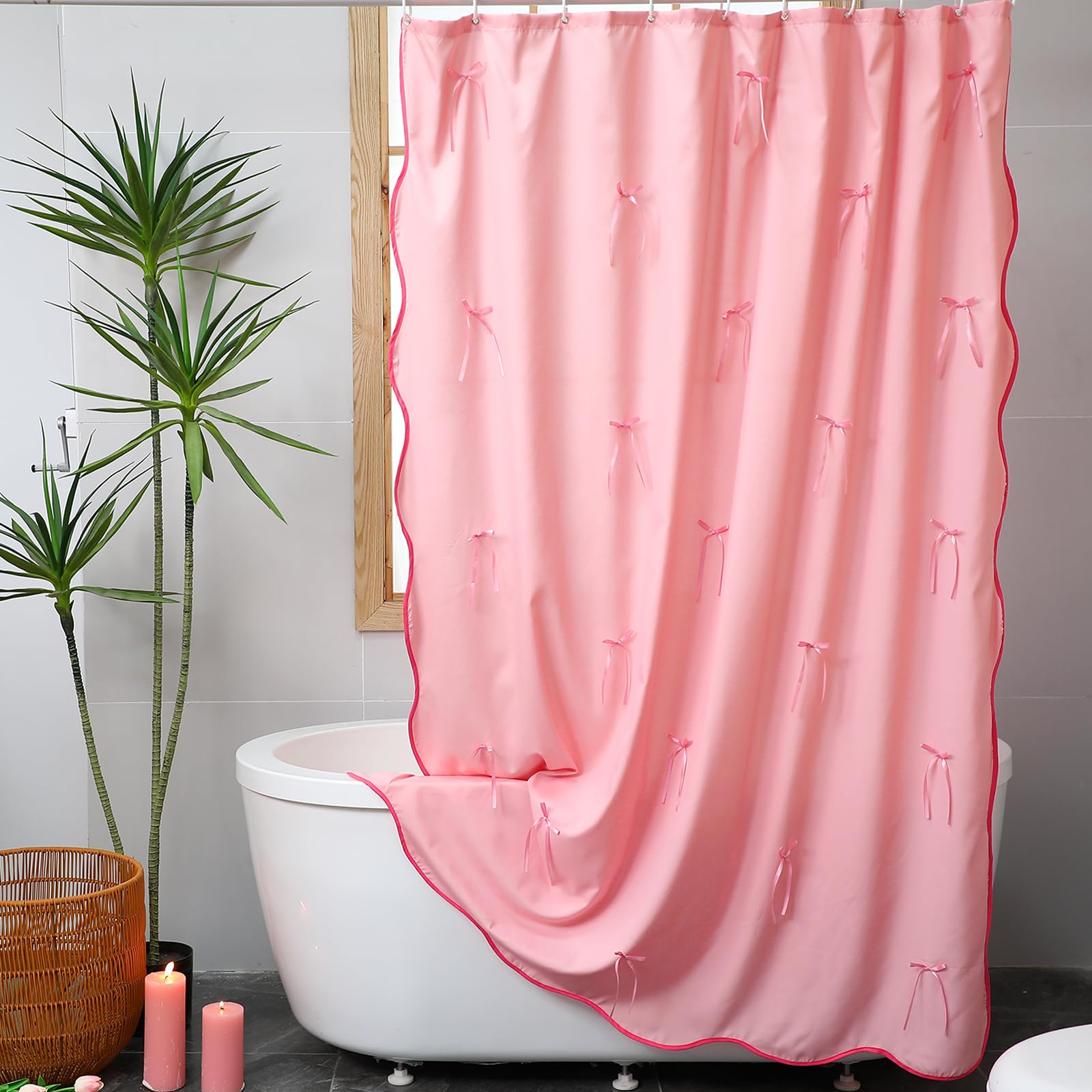 Cute Scalloped Bath Bow Shower Curtain with 12 Hooks Bowknot Waterproof Aesthetic Bathroom Decor for Women Girls Accessory, 72 Inches