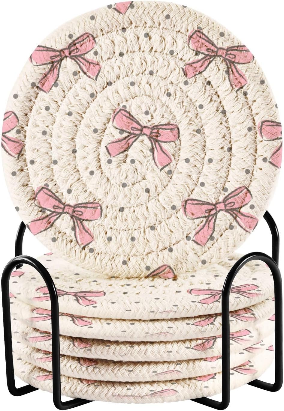 Pink Bow Woven Coasters Set â€?3.9" Absorbent, Heat-Resistant (6 pcs + Holder)