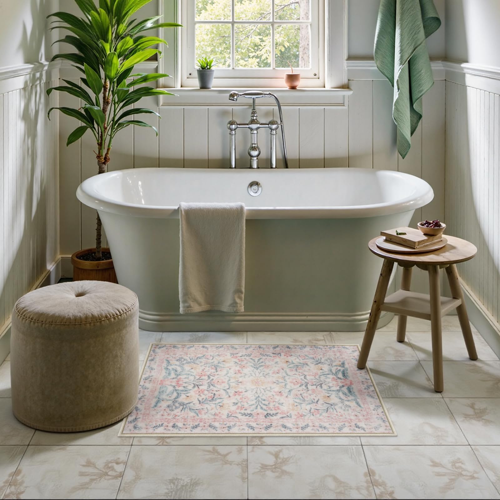 New Boho Floral Bath Rugs, Non Slip Washable Bathroom Rugs Fit Under Door, Ultra Soft and Absorbent Bath Mat