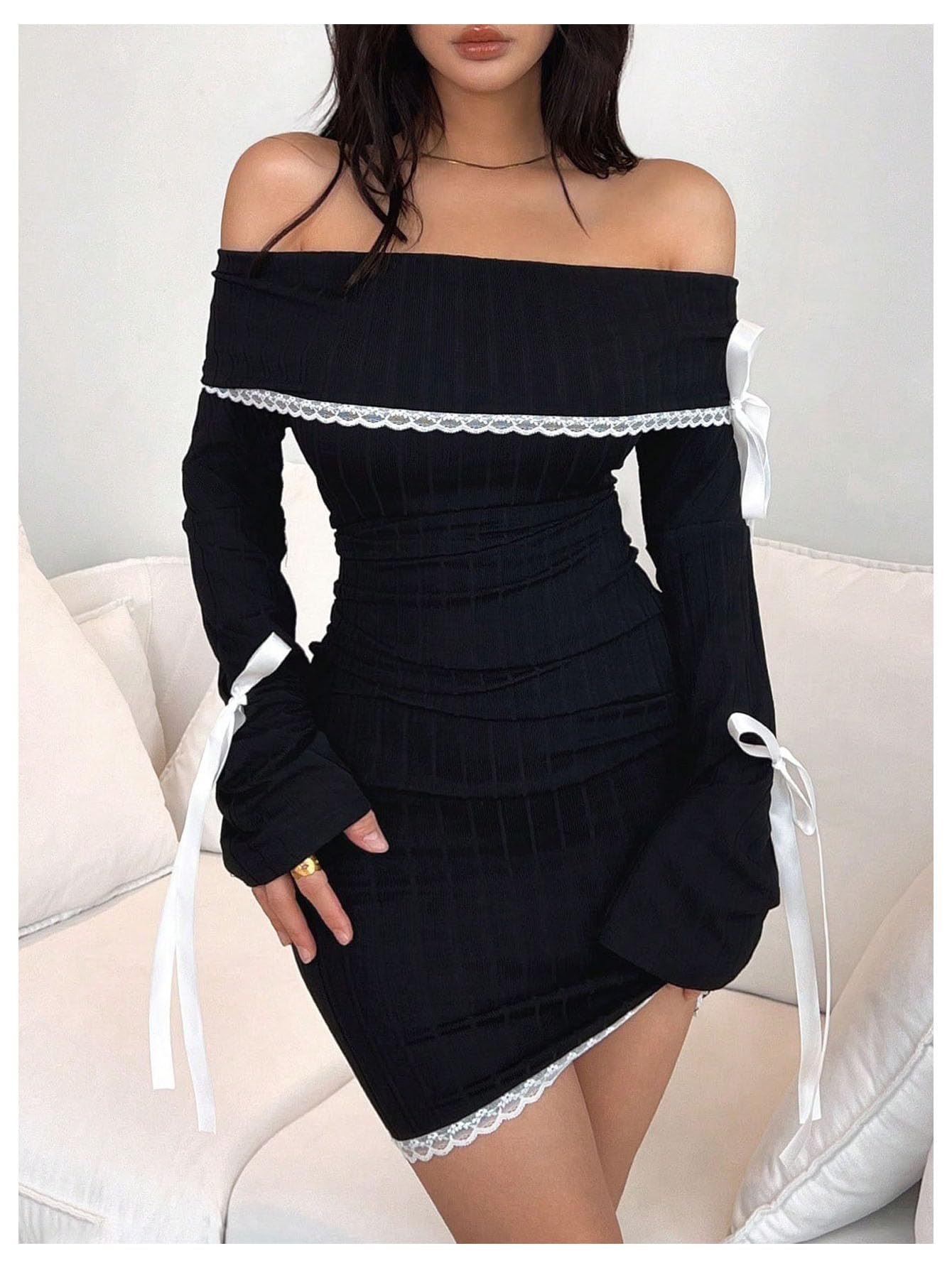 Women's Bodycon Mini Dress Off The Shoulder Lace Trim Bow Long Sleeve Ruched Y2k Dresses