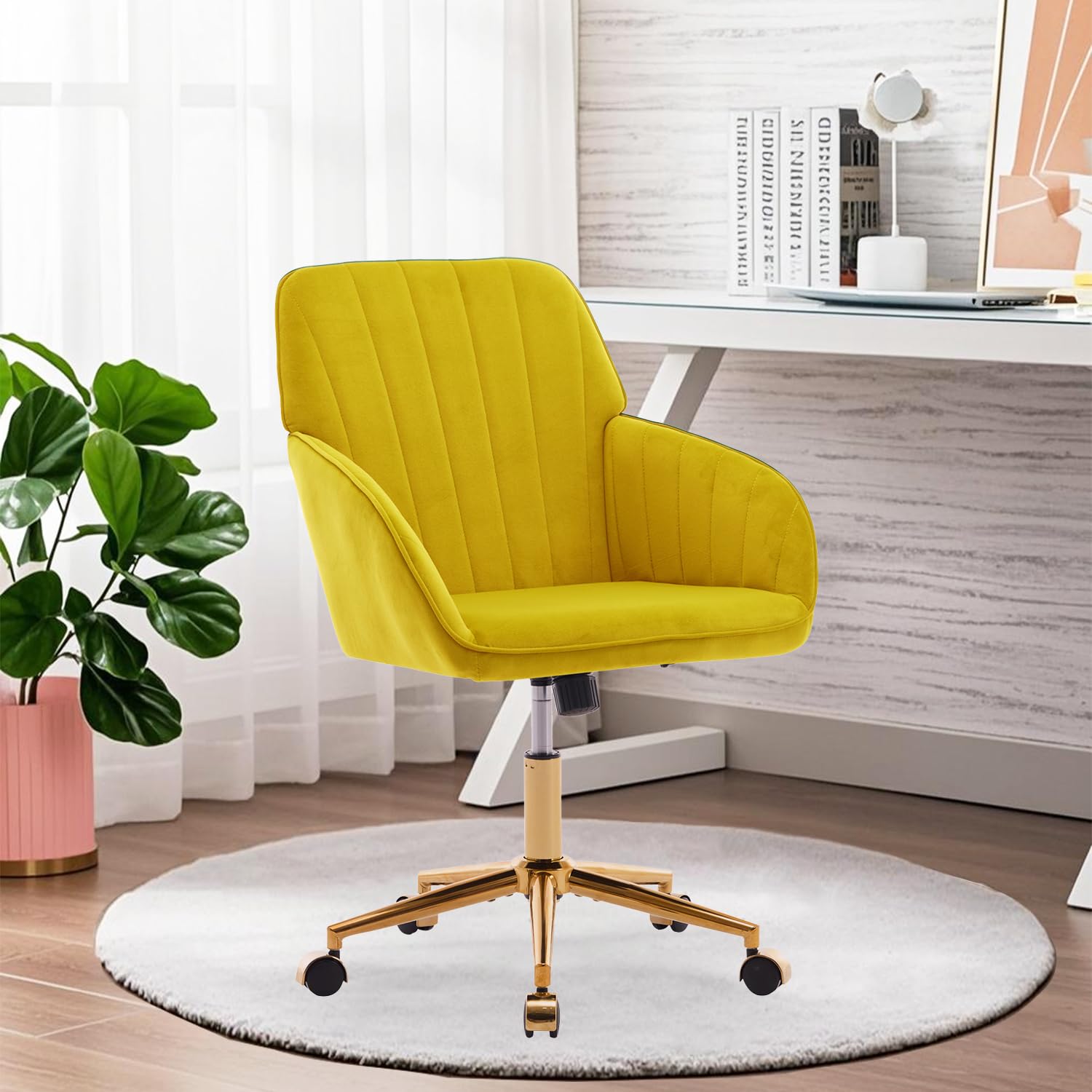 Modern Vanity Velvet Adjustable Low Back Rolling Chair, Twill Upholstered Cute Chair with Wheels