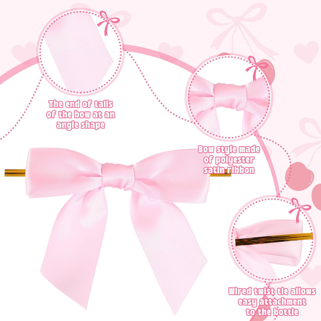 Pink Bow Plastic Bottle with Straw Lid and Twist Bow Disposable Coquette Cherry Bow Bottles Cute Inspired Retro Reusable Bottles 12 Pcs