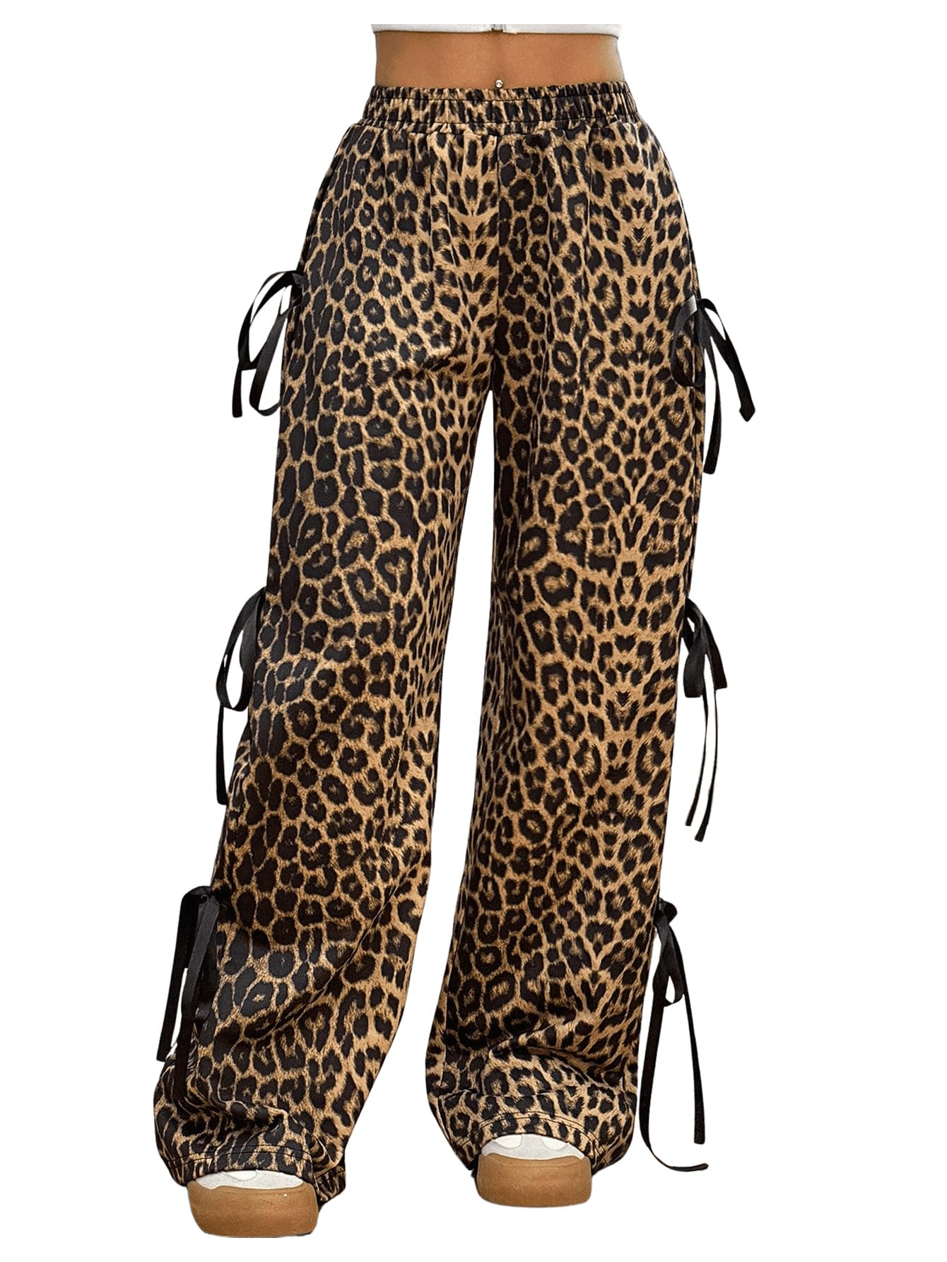 Women's Bow Wide Leg Sweatpants Elastic Waist Casual Baggy Pants with Pocket