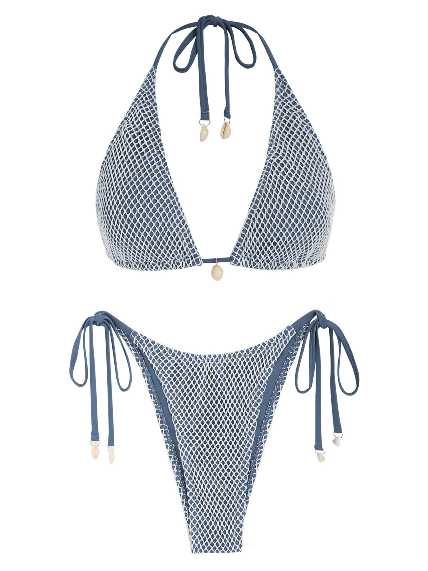 Women's Multiway Triangle Bikini â€?Fishnet Tie-Side Bandeau & Halter Swimsuit Set