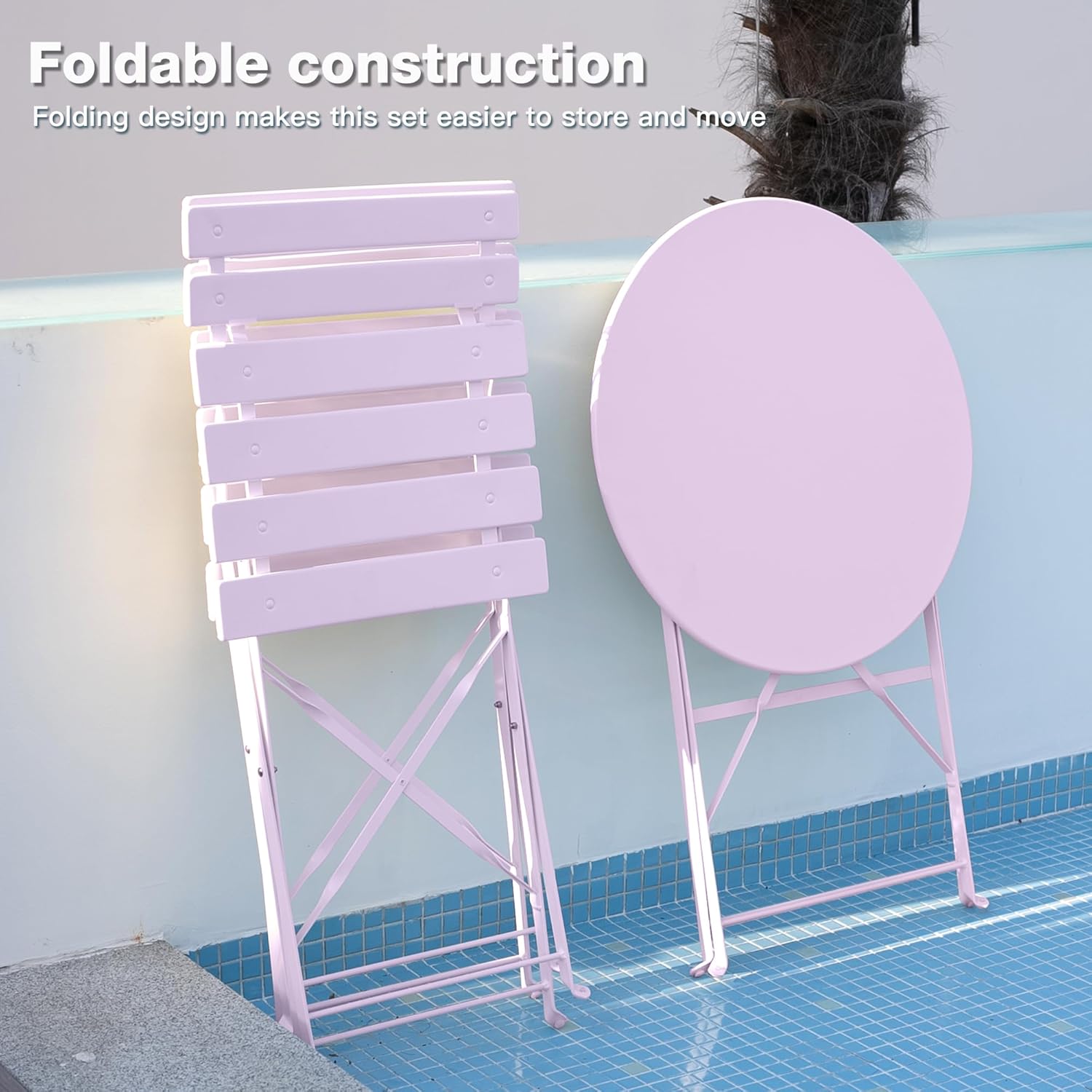 Set of 3 Piece Bistro Set, Folding Patio Furniture Set, Outdoor Table And Chairs Set For Patio, Garden, Balcony And Poolside, Pink