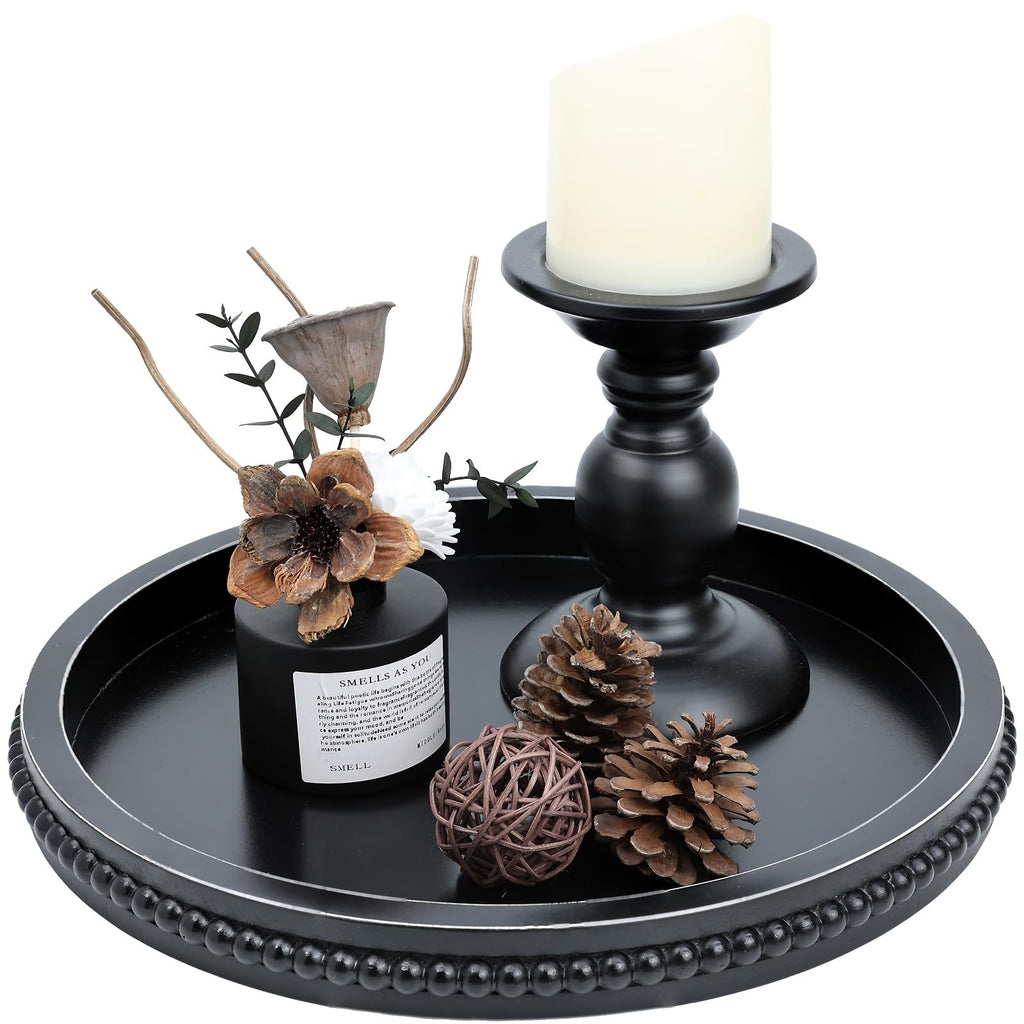 Round Wood Decorative Ottoman Tray for Coffee Table Kitchen Counter, Living Room, Handcrafted Wooden Serving Tray for Table Centerpiece