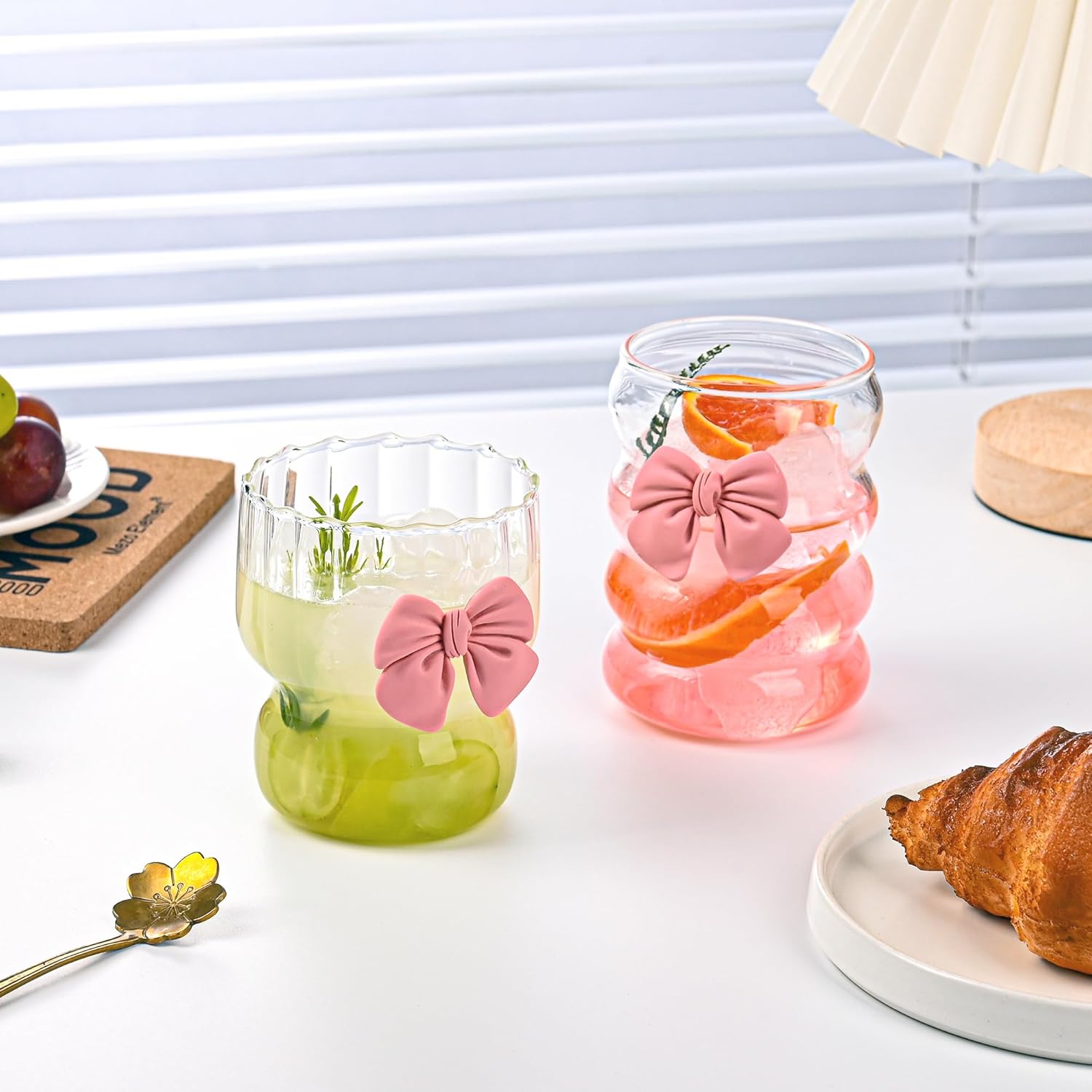 Coquette Cute Bow Glass Cups 10oz Pink Bow Glasses Cup Vintage Ribbed Drinking Glasses 2pcs