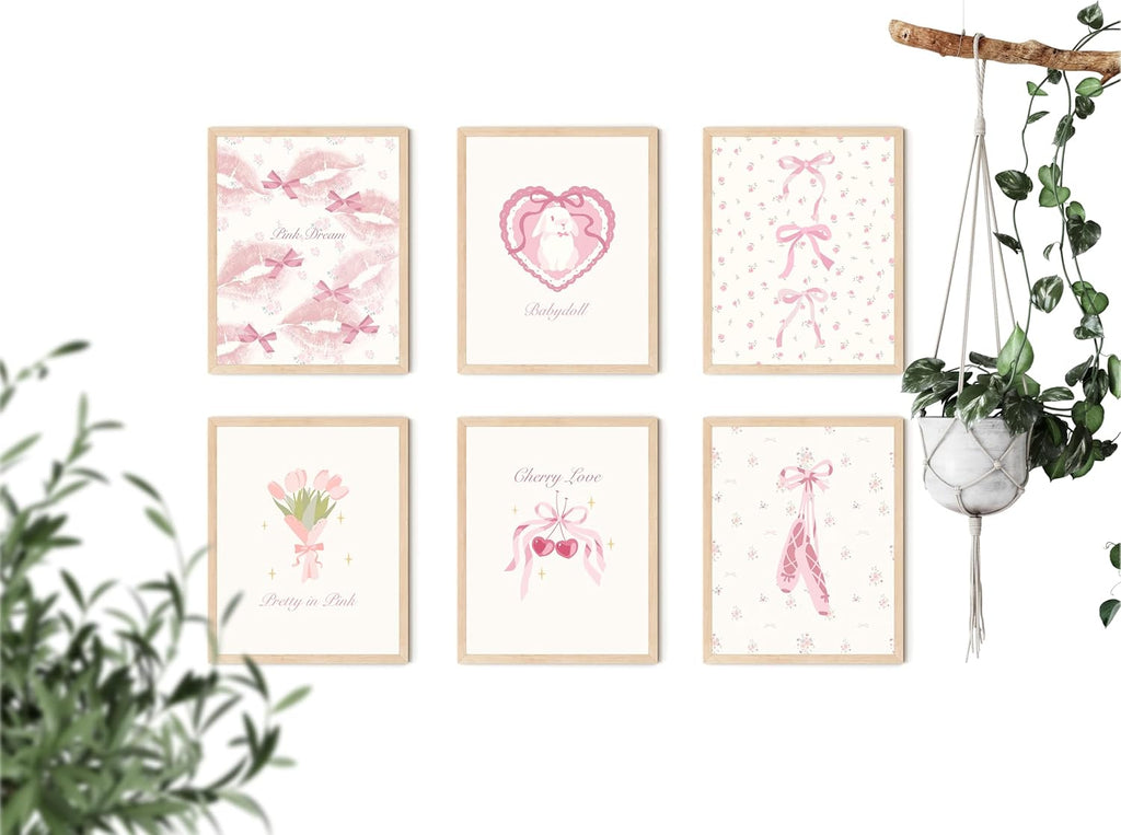TwoDays Coquette Room Decor Aesthetic, Pastel Pink Bows Posters for Girls Bedroom, Balletcore Wall Art, Girly Kawaii Dollette Prints for Dorm.(8" X 10", Set of 6, UNFRAMED)