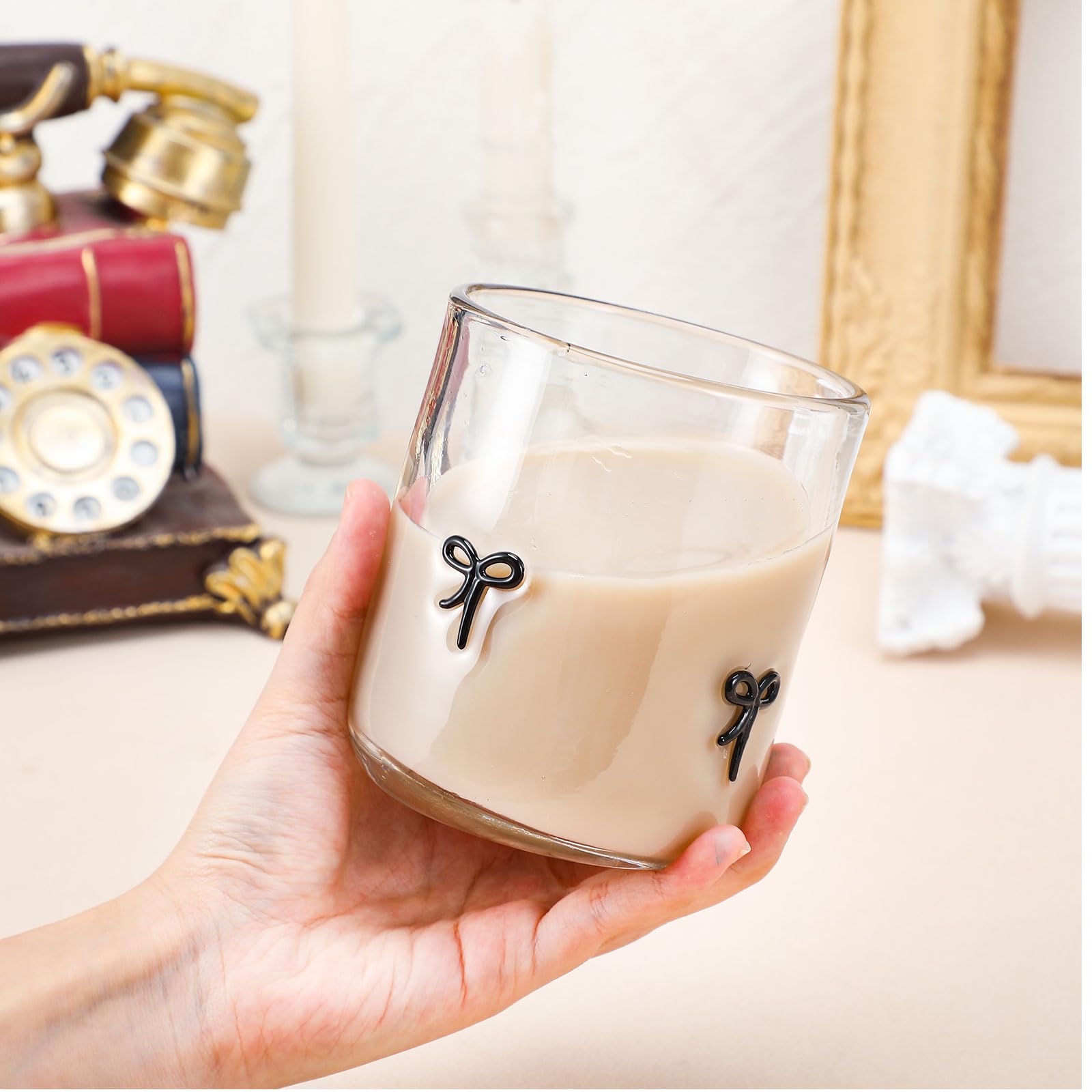 Skylety 2 Pack Bow Icon Juice Glass Coquette Bow Aesthetic Cup 14 ounce Double Old Fashioned Icon Handblown Cocktail glasses for Women Friend Party(Pink)