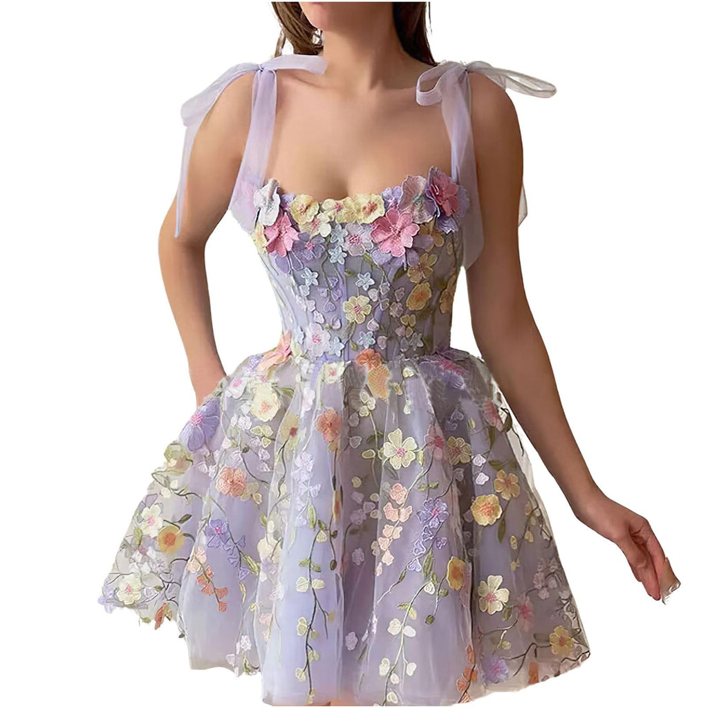 Summer Floral Tie Strap Tulle - Fairy Embroidery Lace Mini Princess Dress