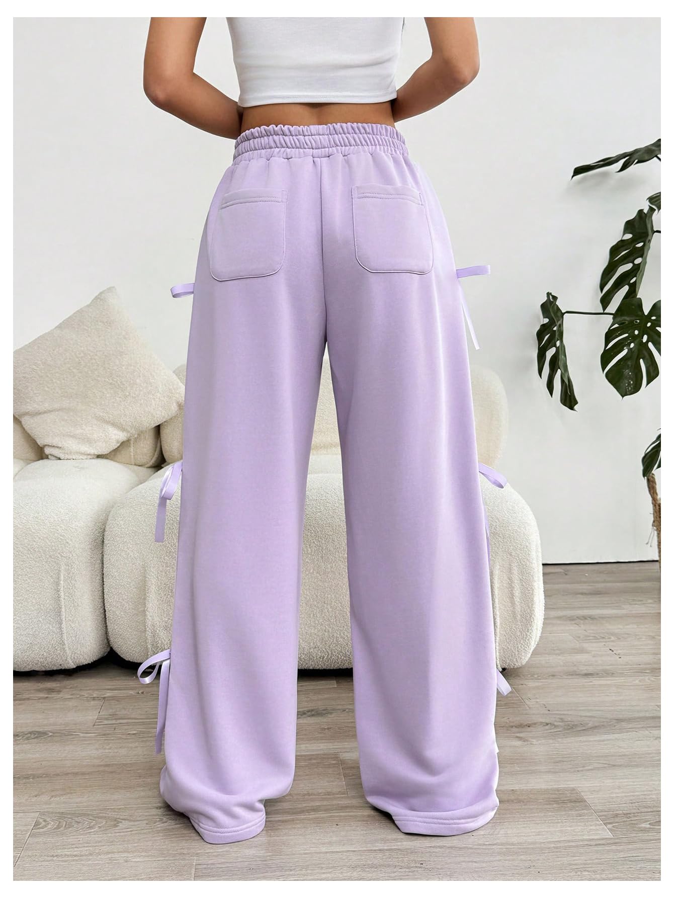 Women's Bow Wide Leg Sweatpants Elastic Waist Casual Baggy Pants with Pocket
