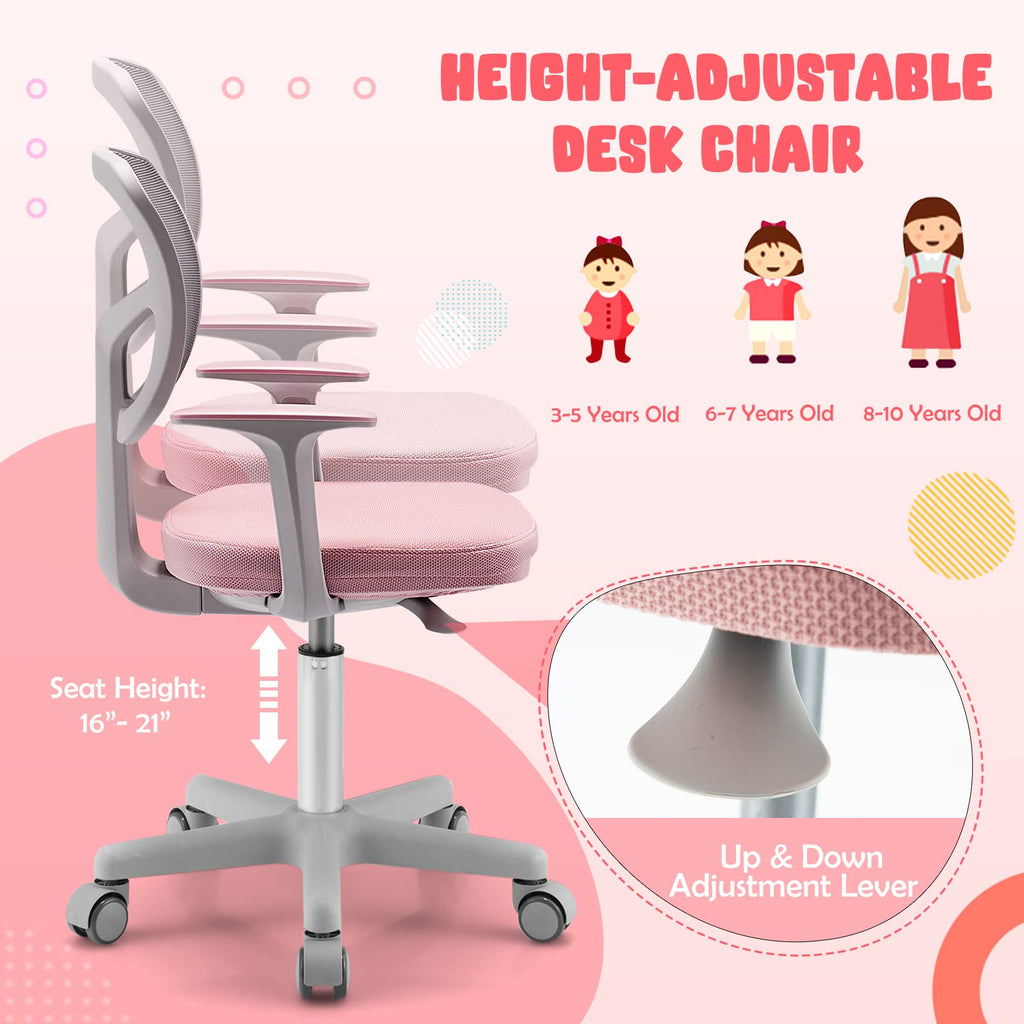 Swivel Adjustable Mesh Study Chair with Wheels & Arms, Ergonomic Computer Task Chair with Lumbar Support