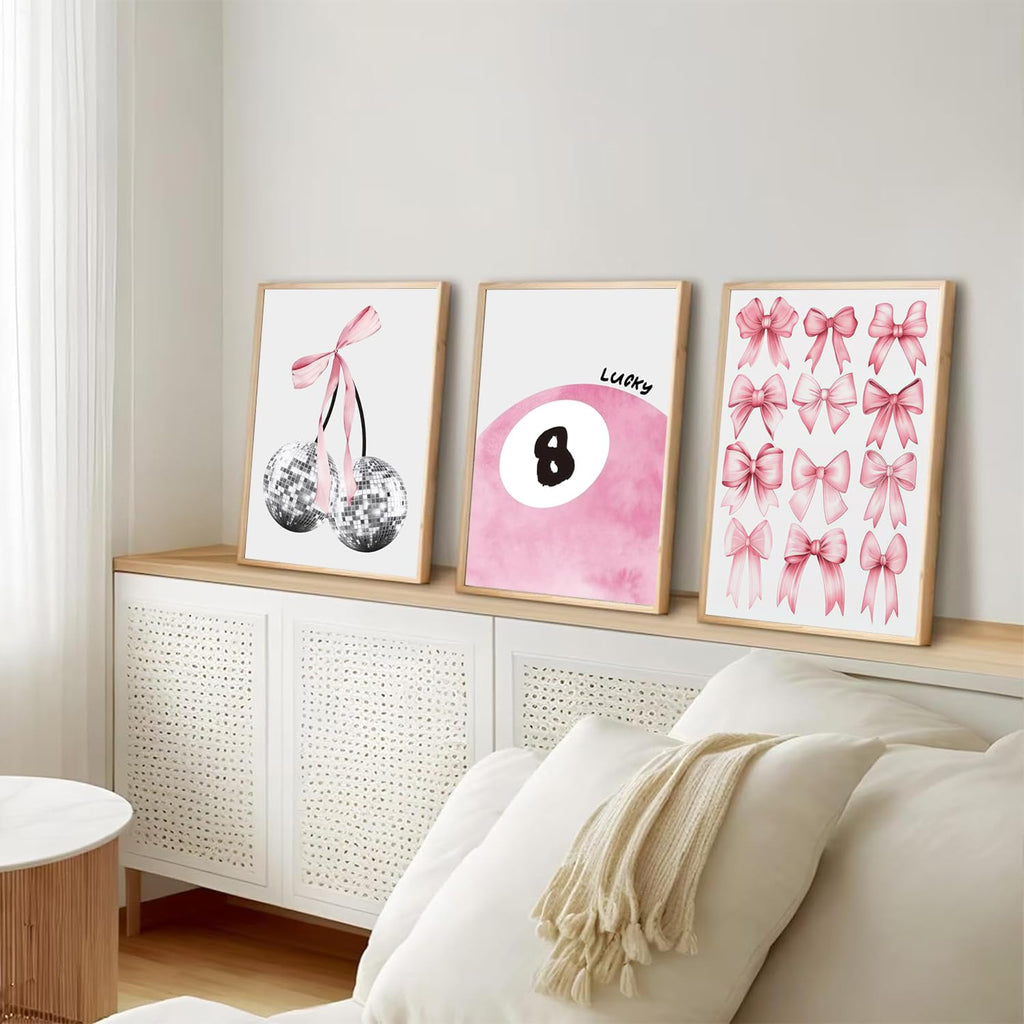 Trendy Blue Wall Art Set of 3, Preppy Navy Blue Wall Decor, Coquette Disco Lucky Me 8 Ball Poster Canvas Prints Aesthetic Pictures Room Dorm