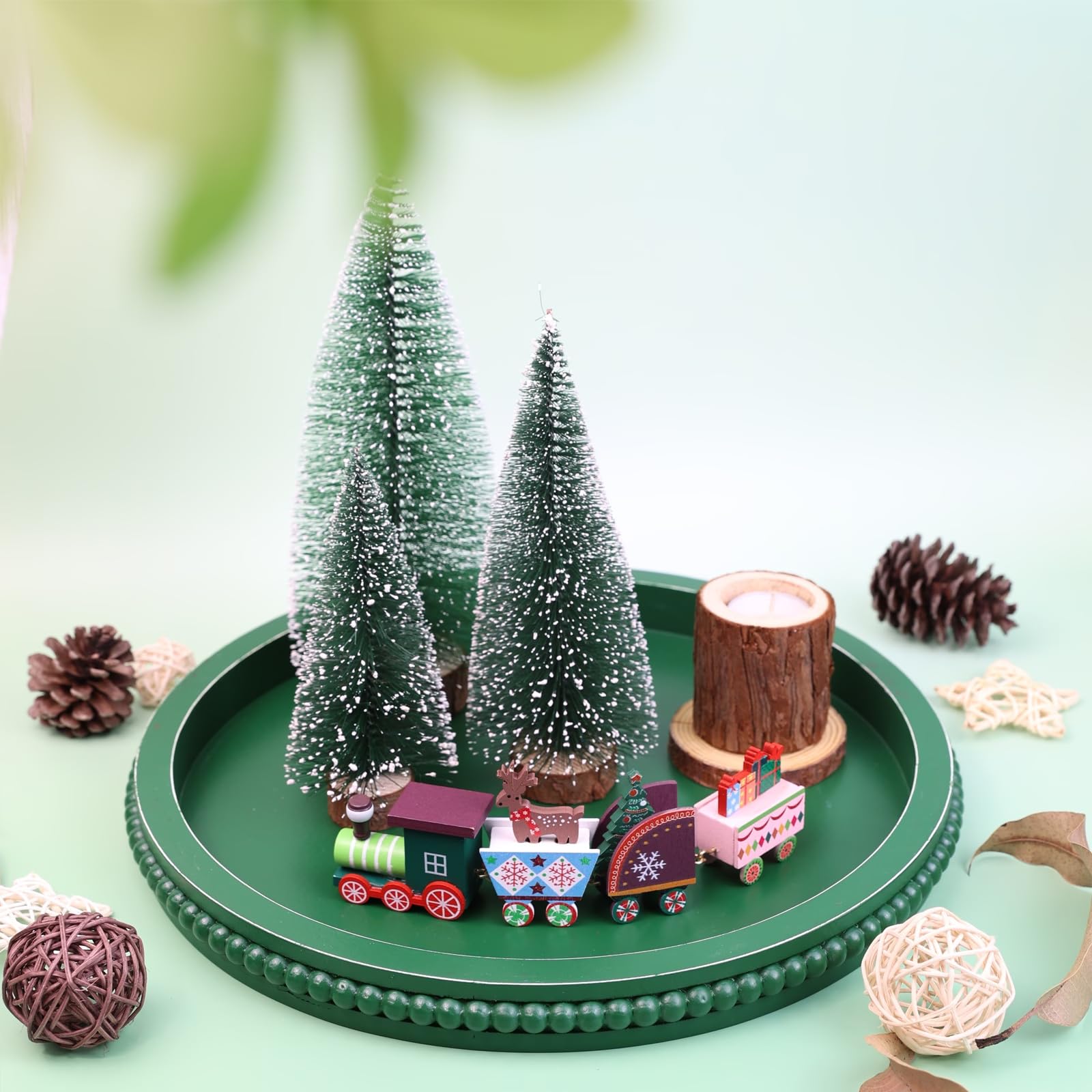 Round Wood Decorative Ottoman Tray for Coffee Table Kitchen Counter, Living Room, Handcrafted Wooden Serving Tray for Table Centerpiece