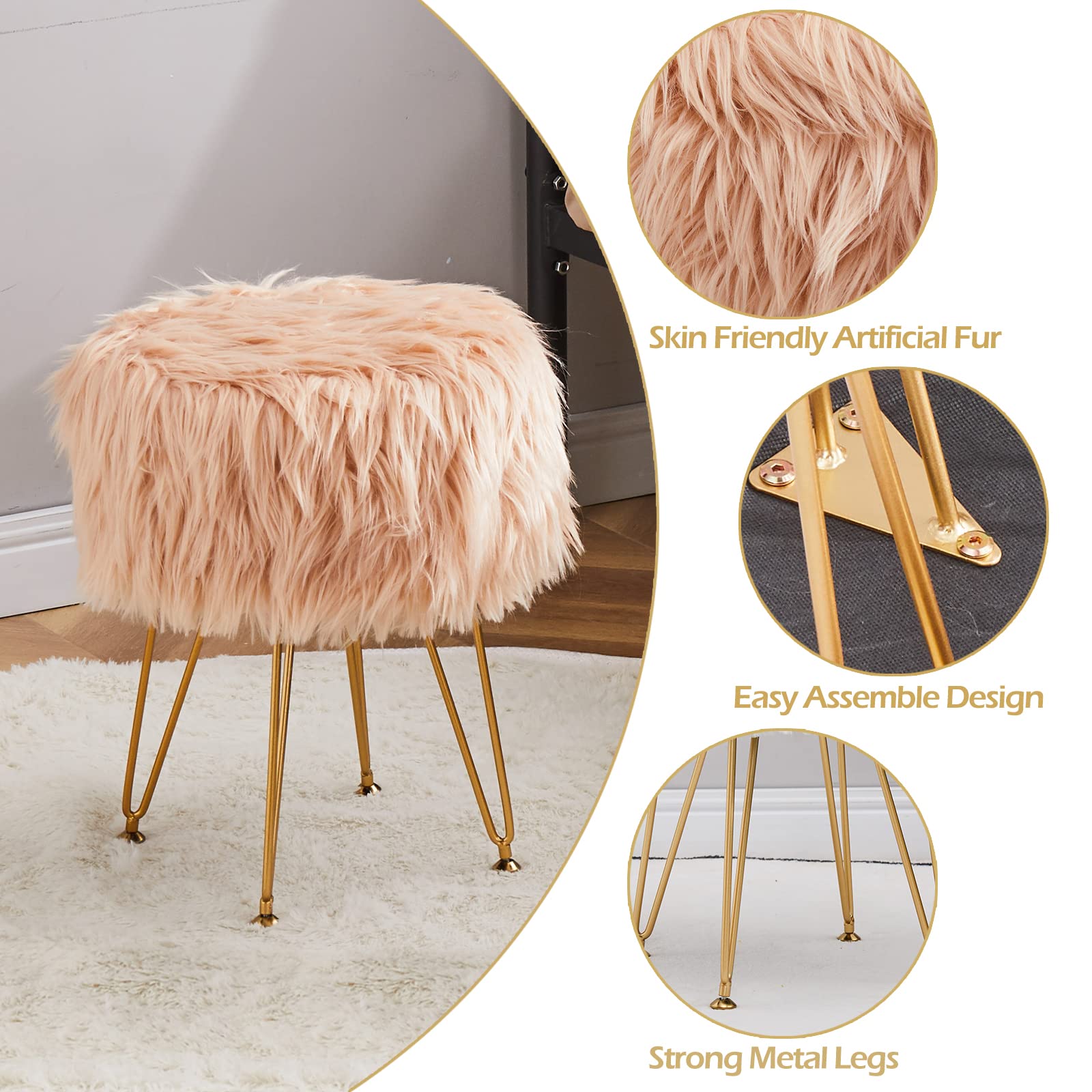 Faux Fur Storage Ottoman Round Furry Vanity Stool Marble Grain Tray Coffee Table Compact Footrest Stool with 4 Metal Legs Soft Makeup Seat Foot Stools for Living Room Bedroom Entryway