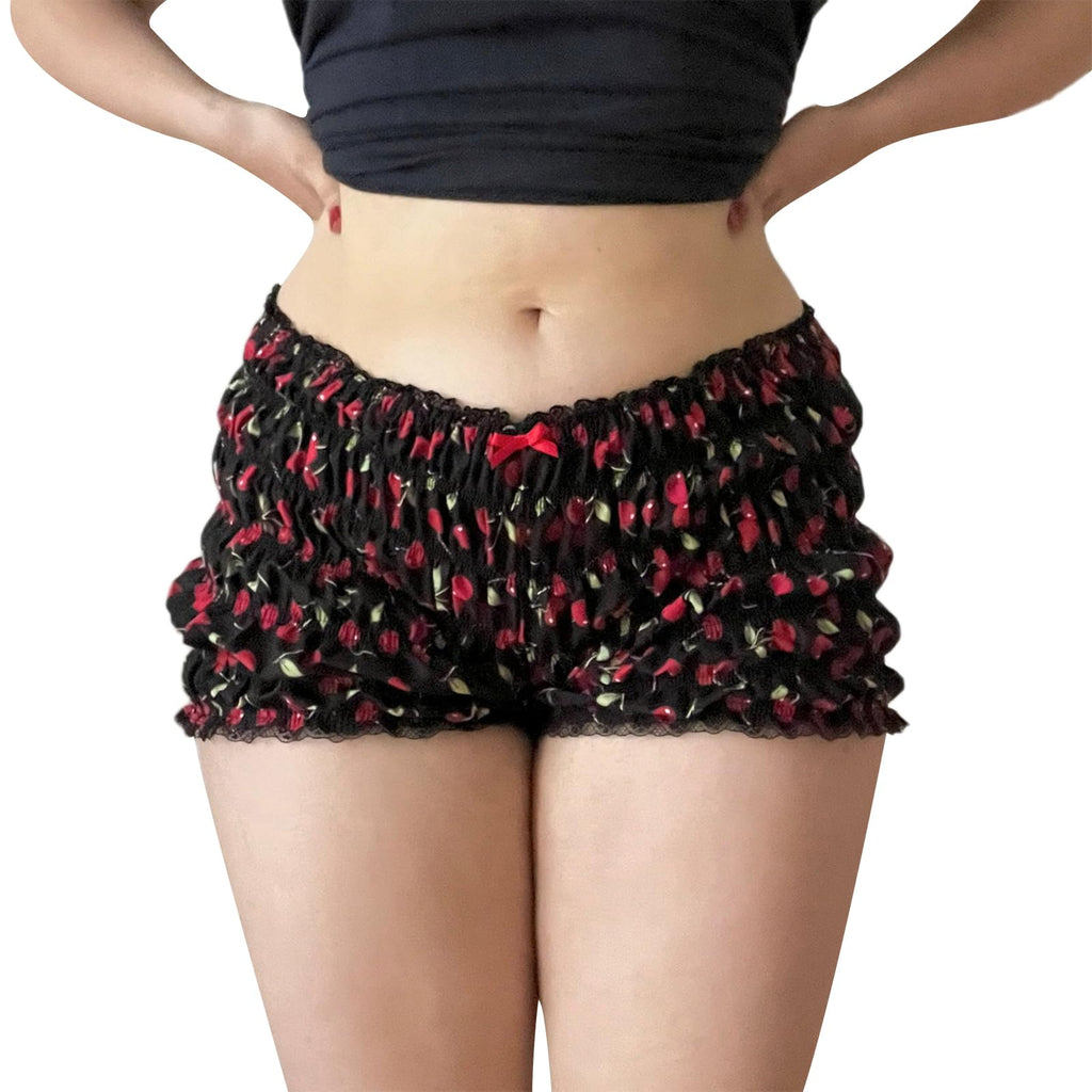 Womens Ruffle Bloomer Shorts Y2k Elastic Gingham Fruit Print Cute Frilly Lounge Sleep Pj Mini Micro Boy Shorts