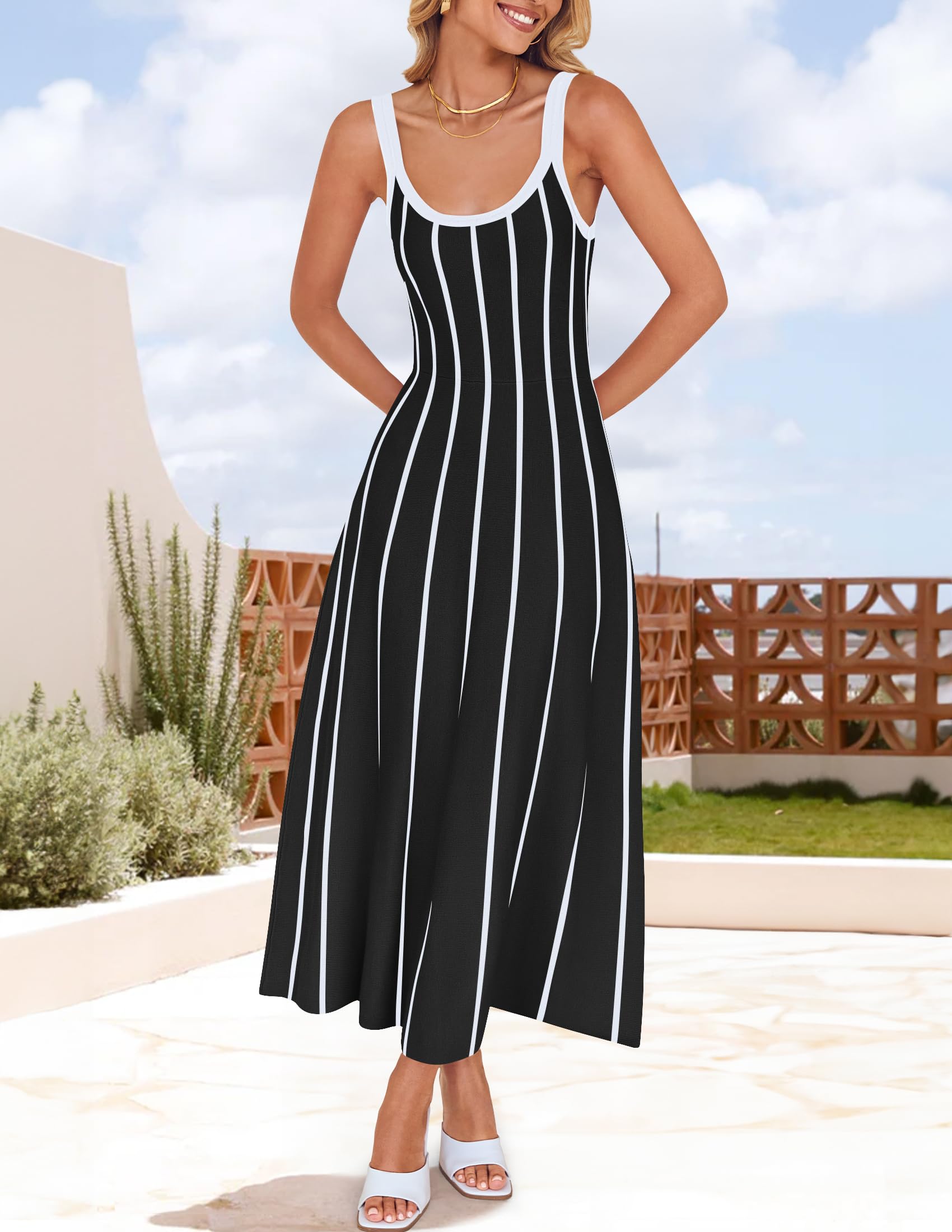 Wome's Summer Sleeveless Striped Midi Dress 2025 Knit Casual Elegant A Line Swing Long Dresses
