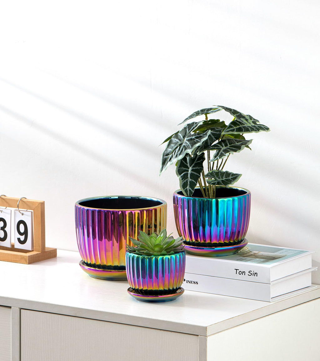 Ceramic Flower Pots, 4"+5"+6" Inch Small Glazed Succulent Planters with Drainage Hole, Modern Indoor Decorative Plant Pots Set of 3,Garden Pots with Saucer