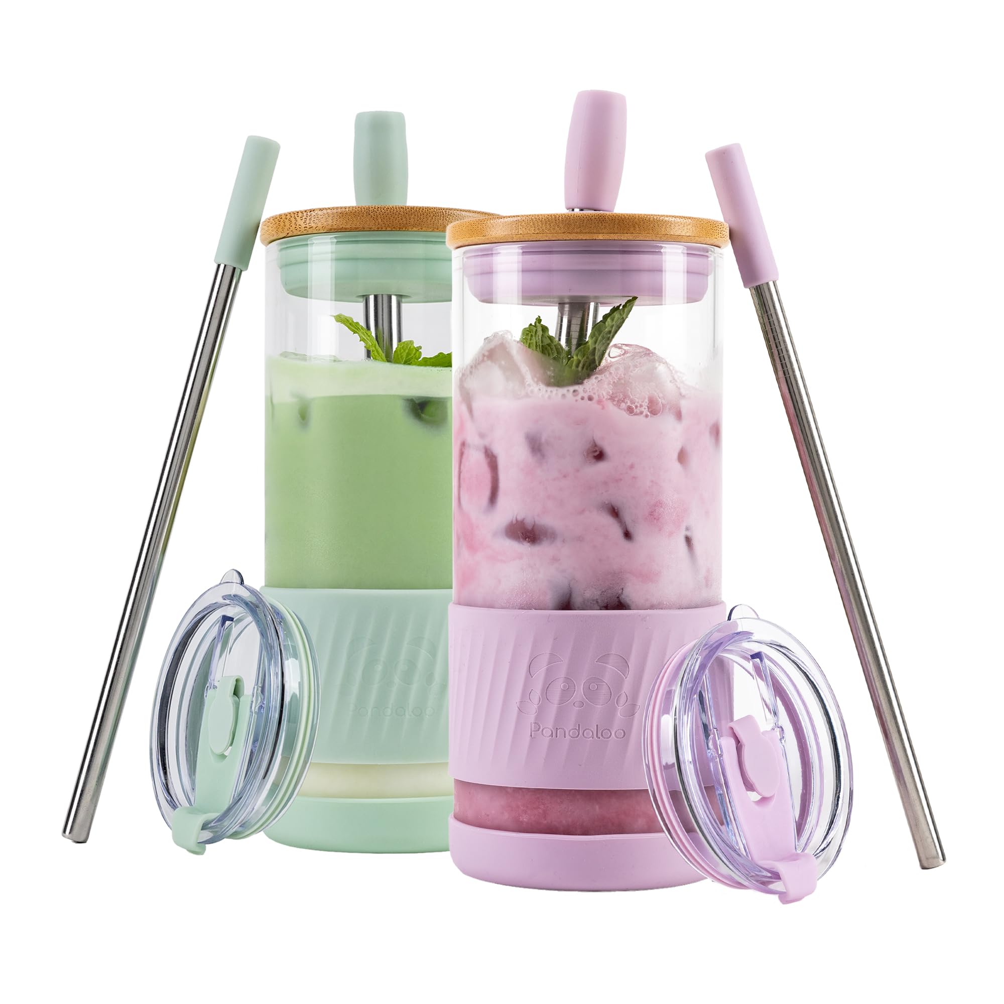 Pandaloo® Glass Cups With Lids and Straws -20 Fl Oz- Perfect Size Iced Coffee Cup - Smoothie Cup With Bamboo Lid and On the go Lid - Glass Tumbler With Straw